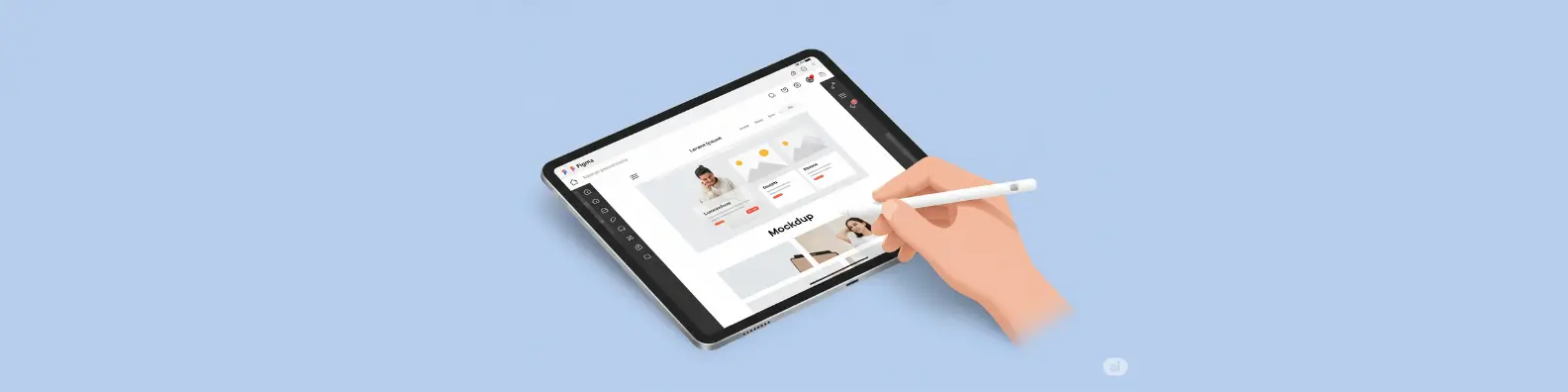 An icon showing a website mockup in a Figma-like app on a tablet. A stylus is shown interacting with the screen. The tablet is set against a solid background color.