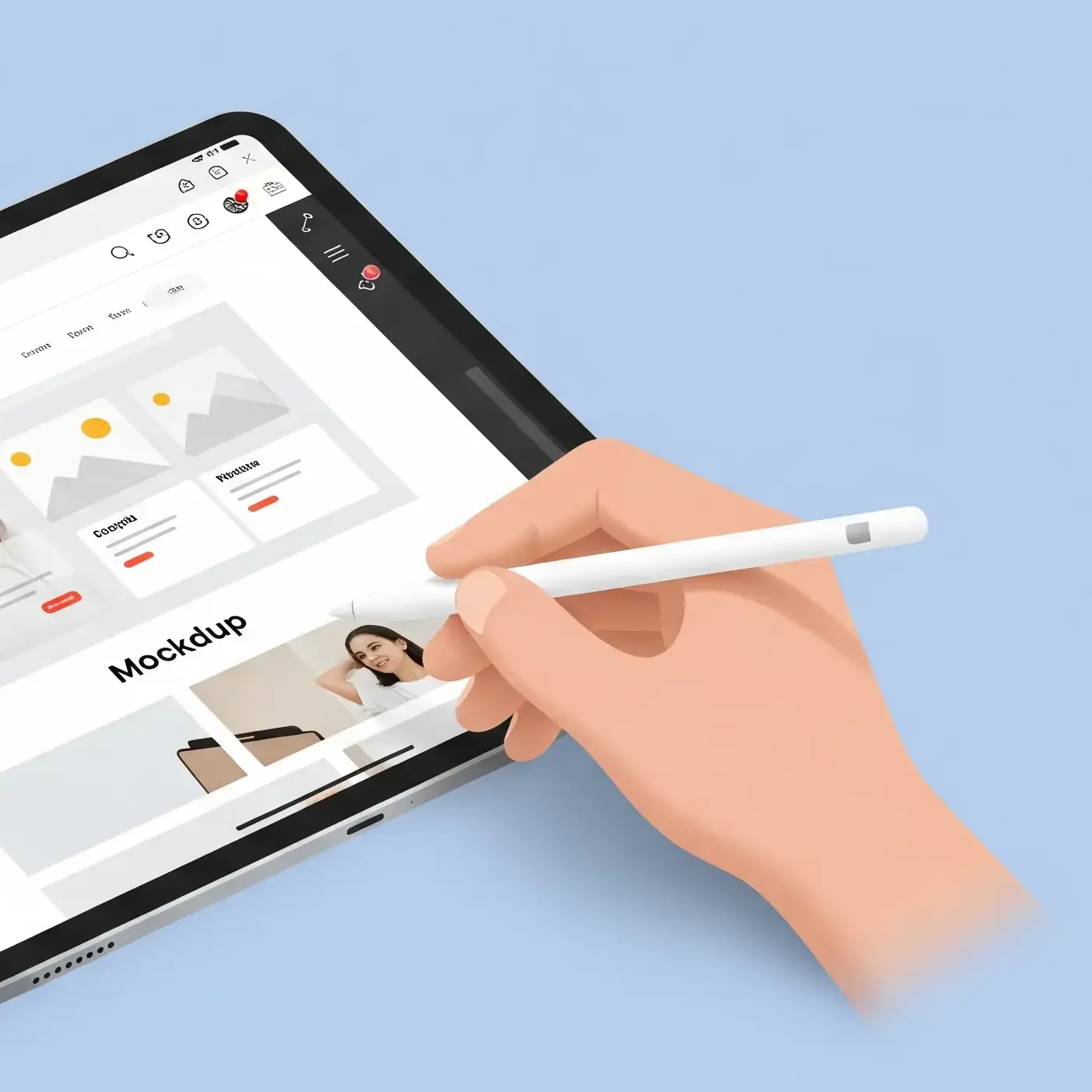 An icon showing a website mockup in a Figma-like application on a tablet. A stylus is shown interacting with the screen. The tablet is set against a solid background color.