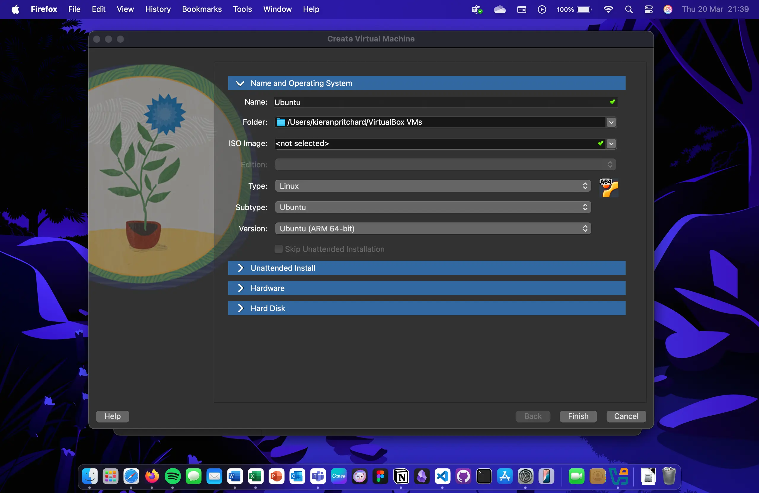 Screenshot of me assigning resources on virtual box.