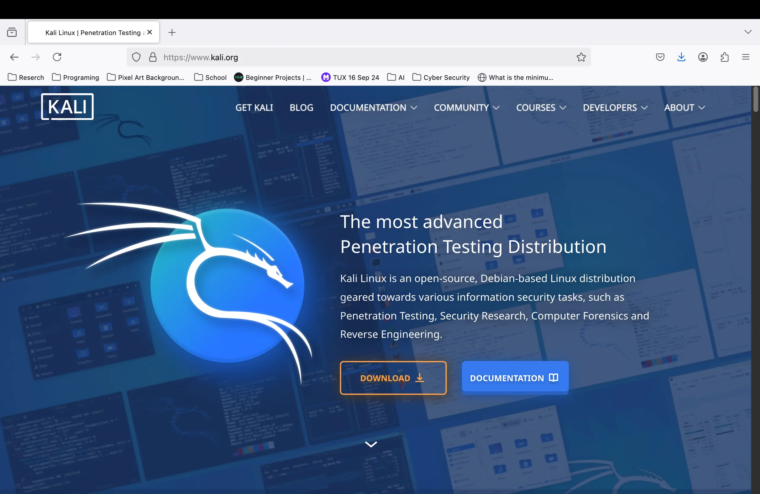 Screenshot of the Kali Linux homepage.