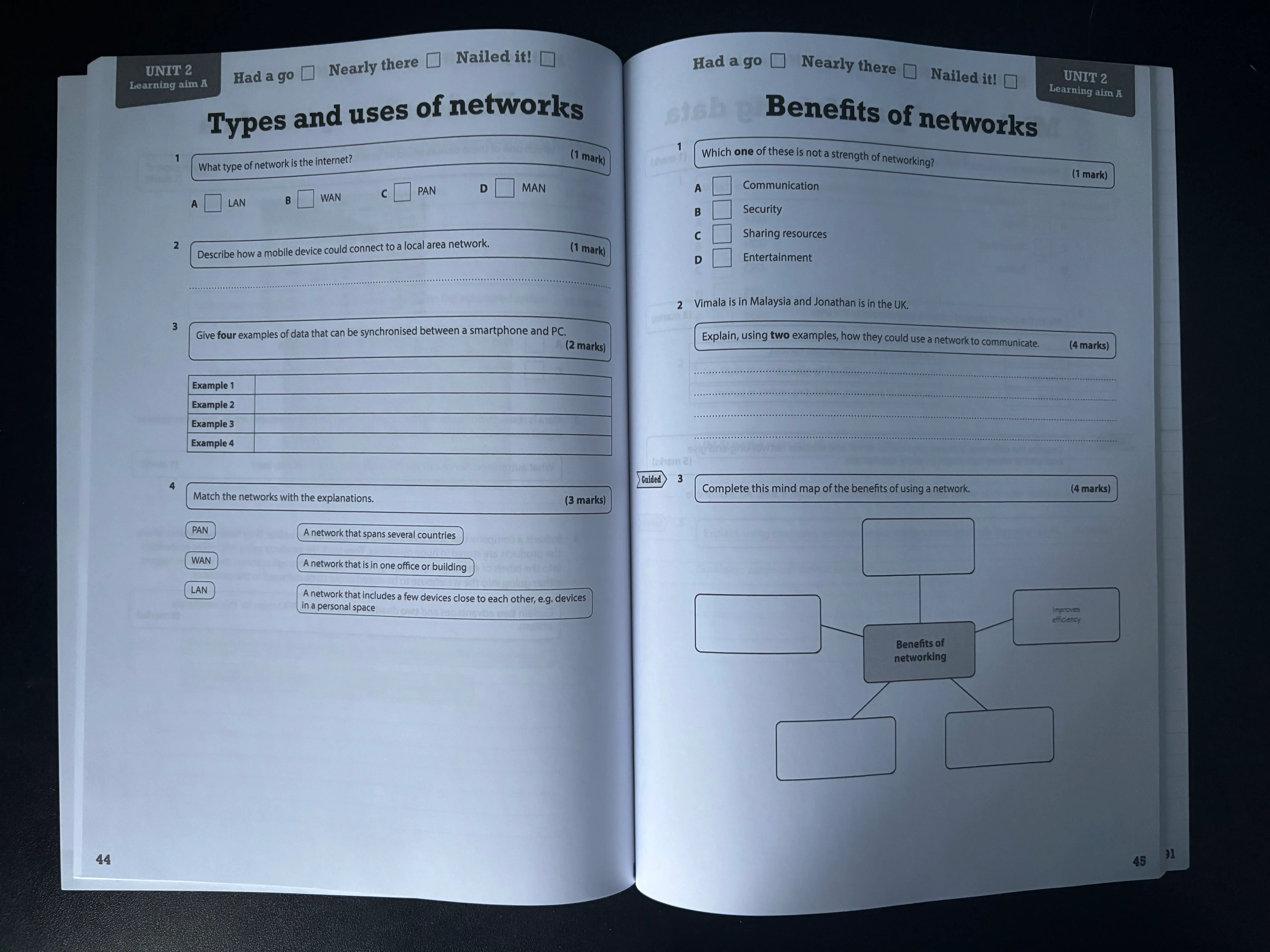 Image of practise guide textbook showing off section based on different types of networks.