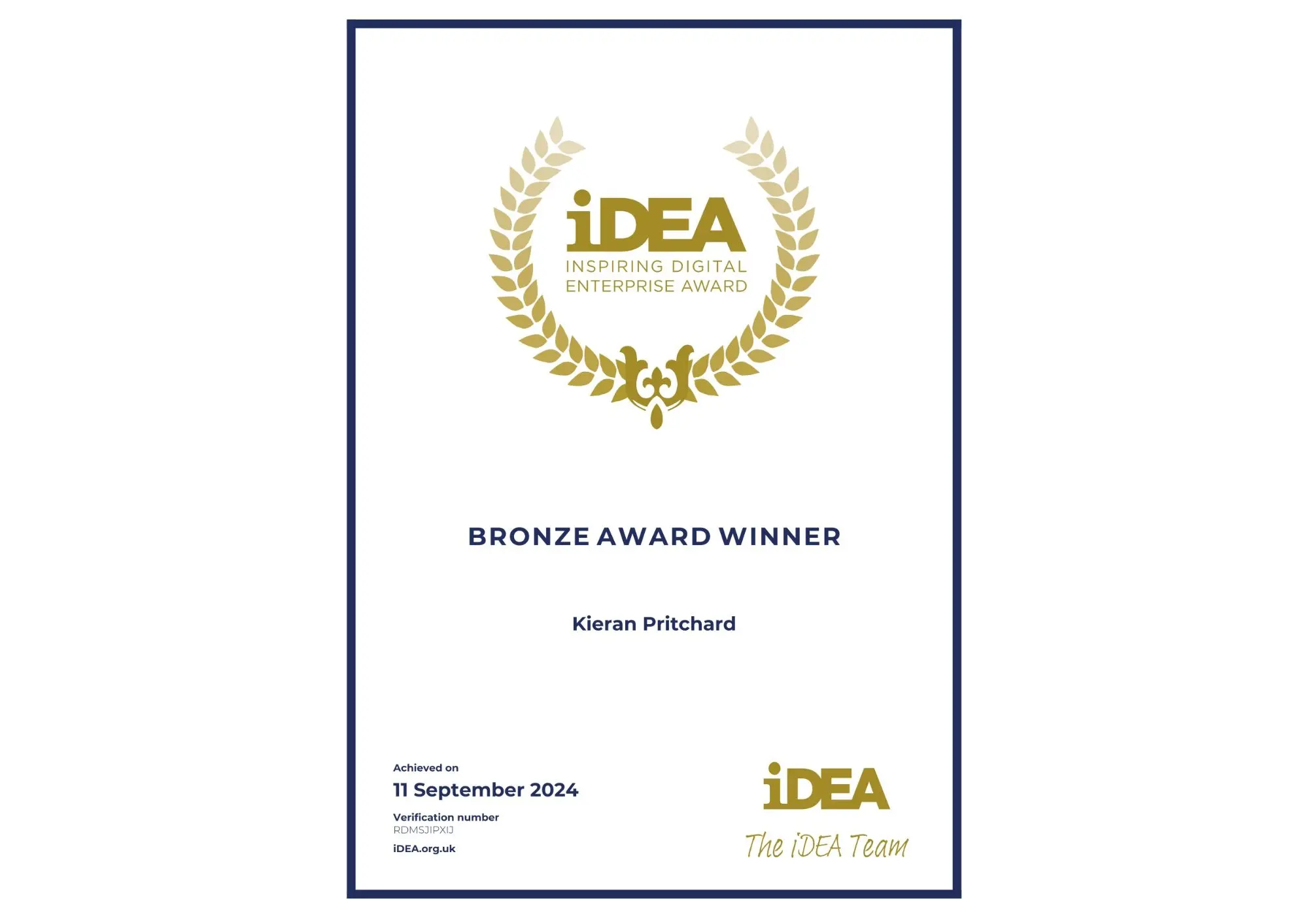 Bronze iDEA Award Certificate