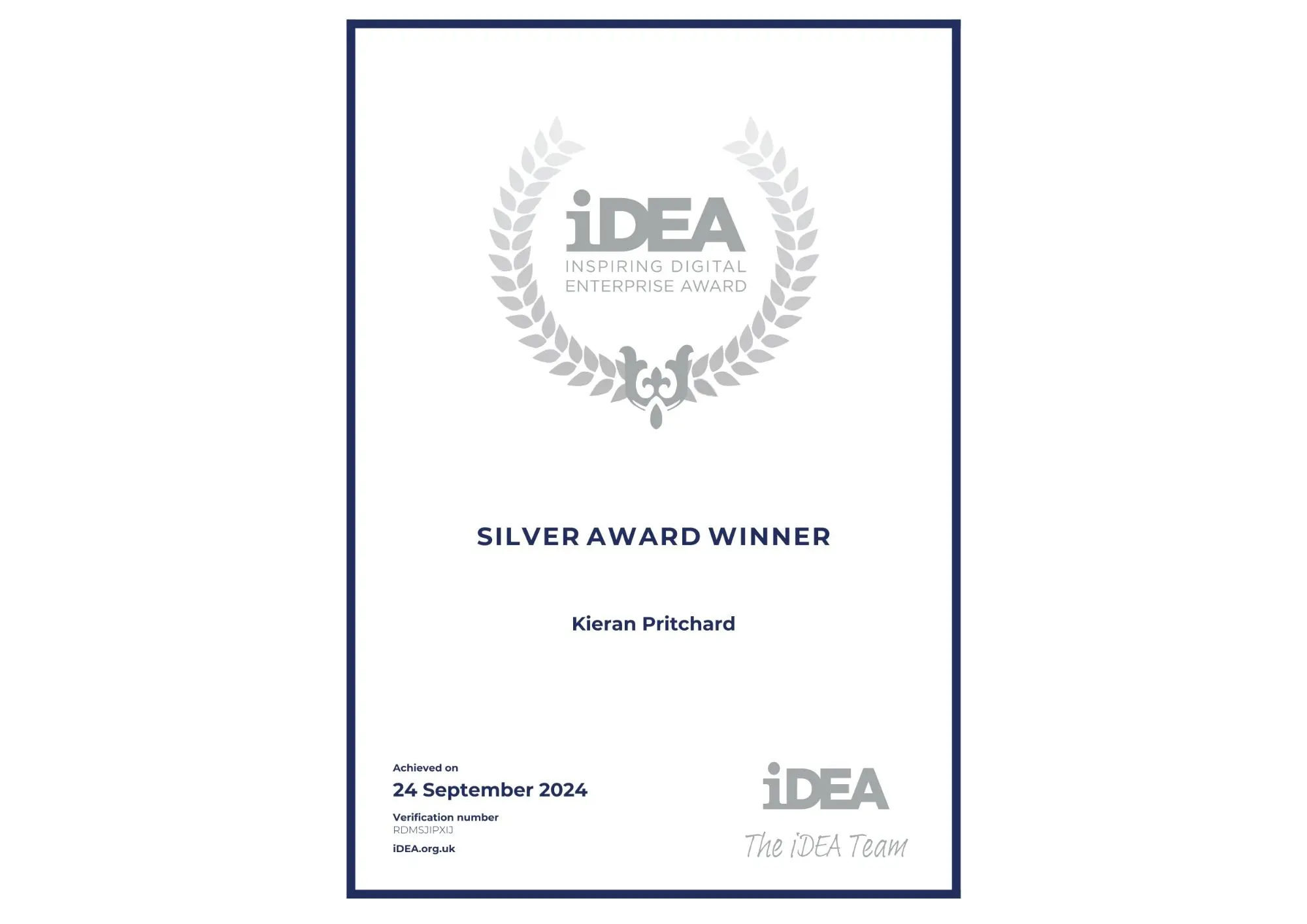Silver iDEA Award Certificate
