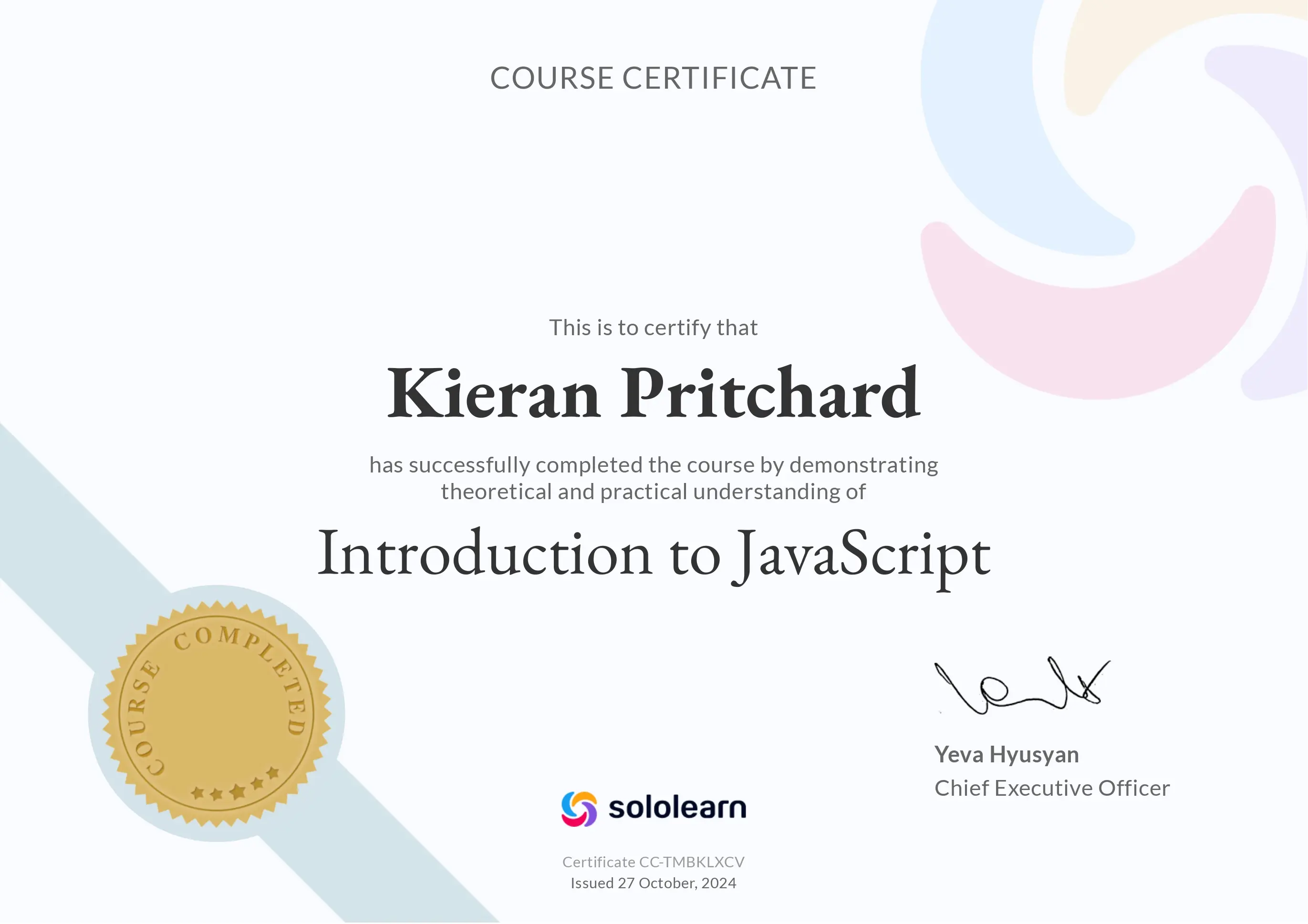 Image of my Certifacate for 'Introduction to JavaScript' from SoloLearn