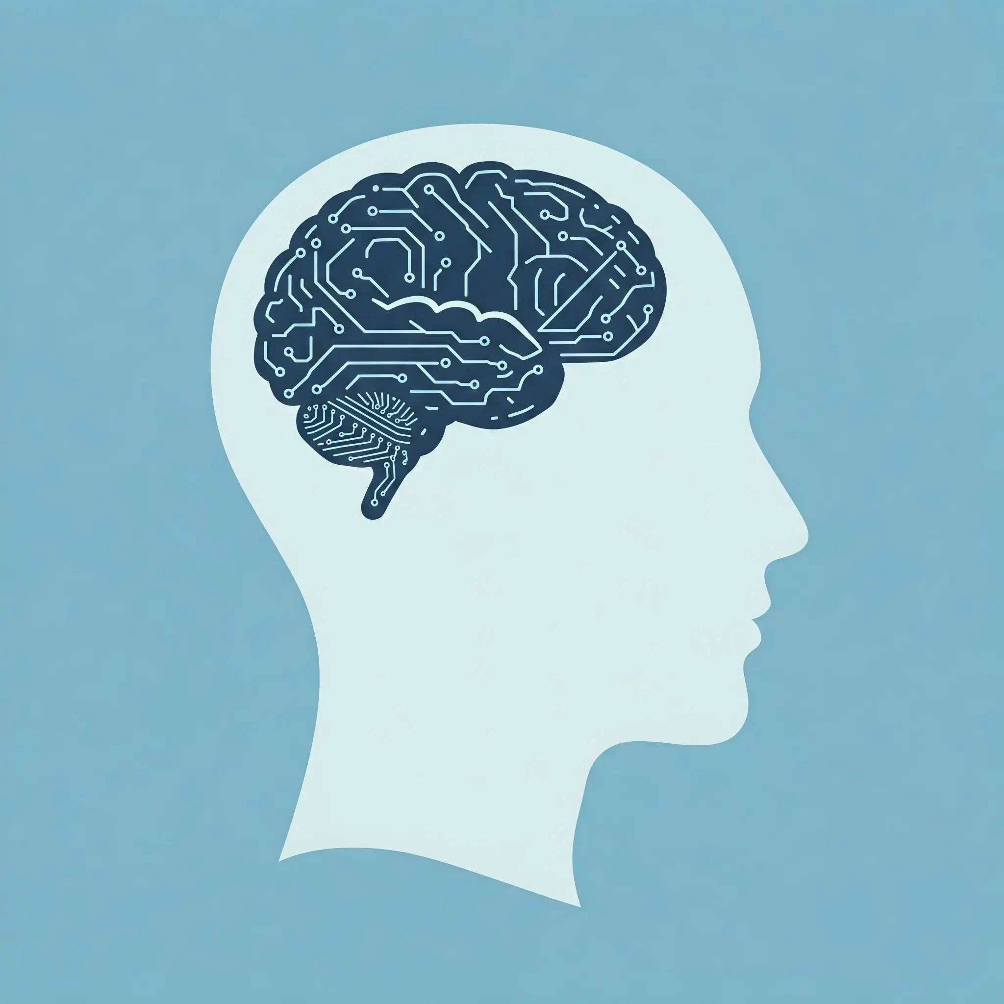 A graphic illustration of a human head with a circuit board brain, representing artificial intelligence.