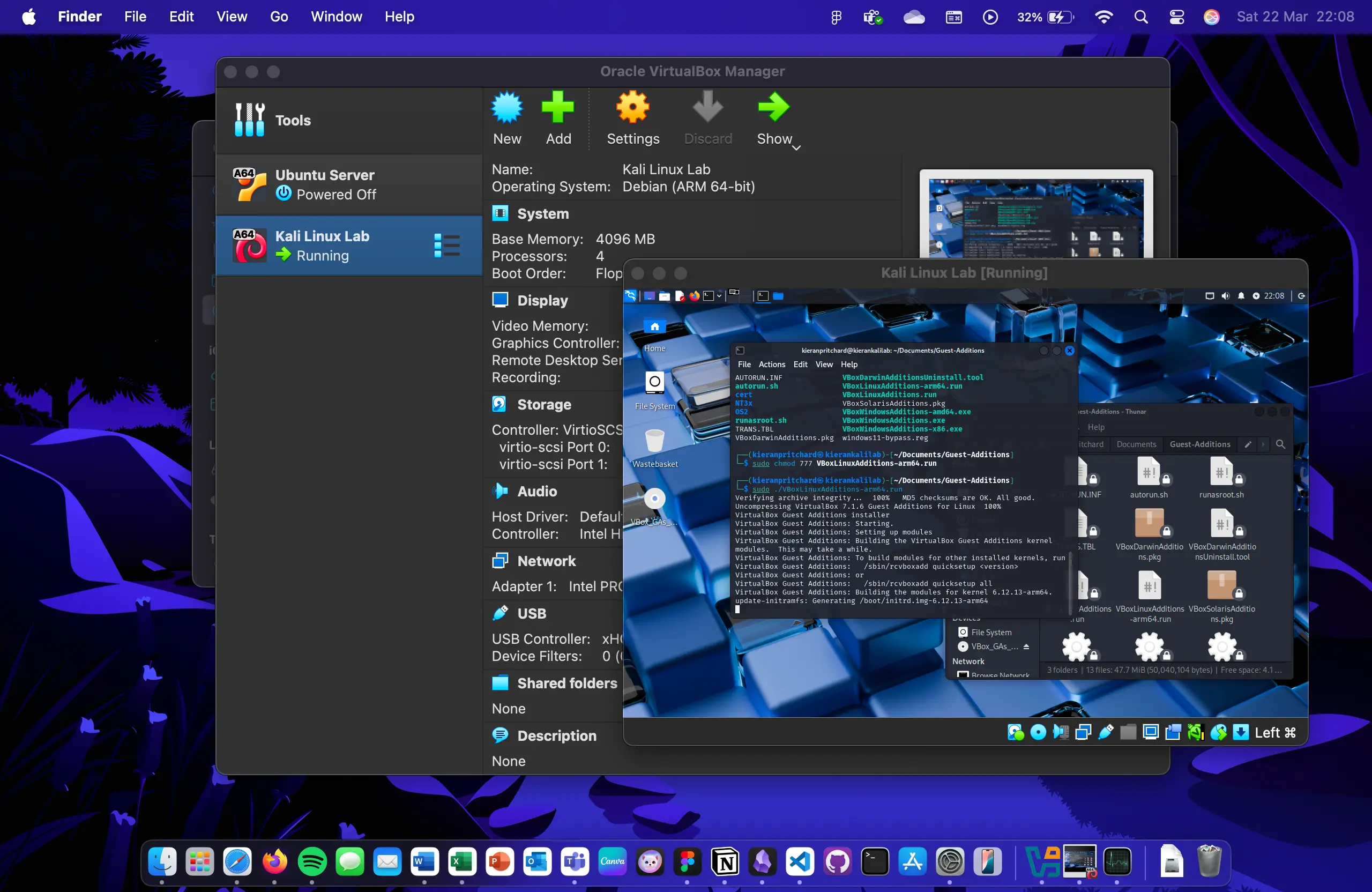 A running Kali Linux virtual machine in VirtualBox, showing the setup process in a terminal window.