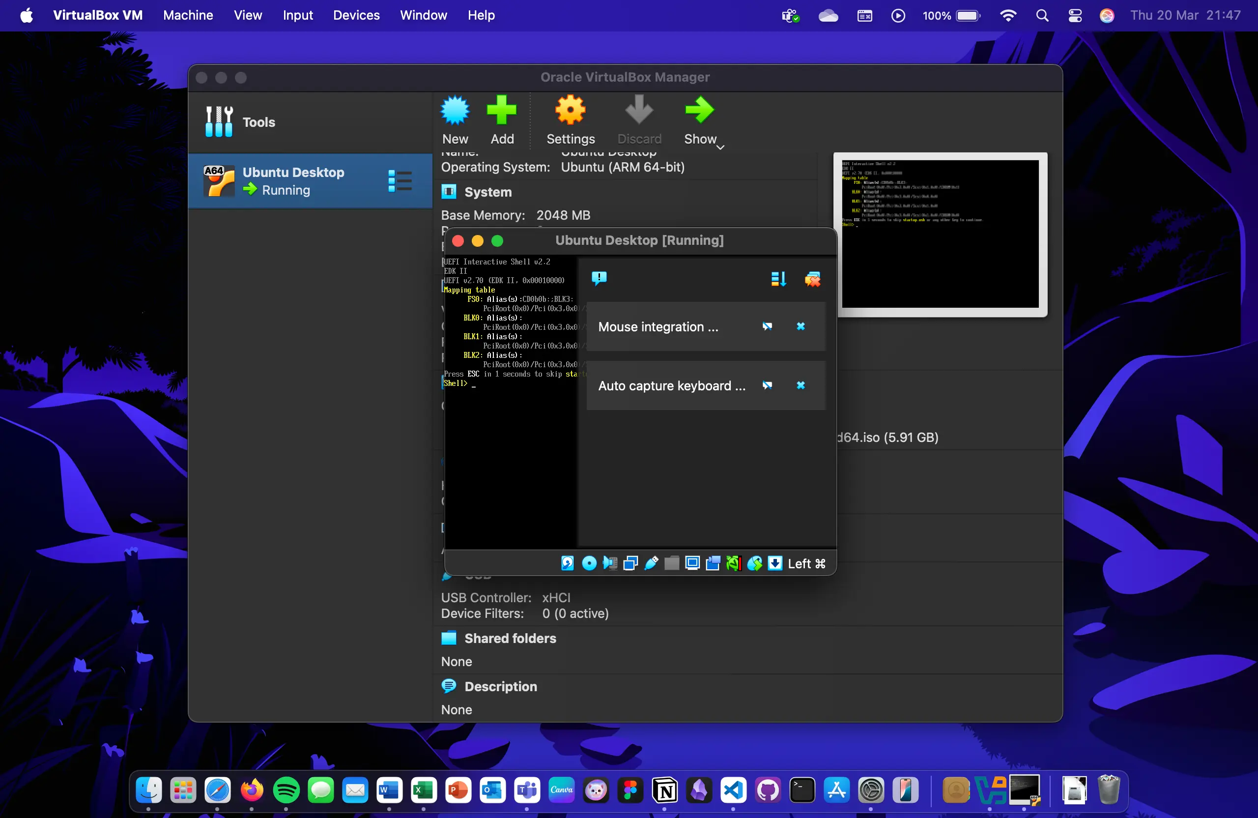 A running Ubuntu Desktop virtual machine in VirtualBox showing the initial boot sequence.