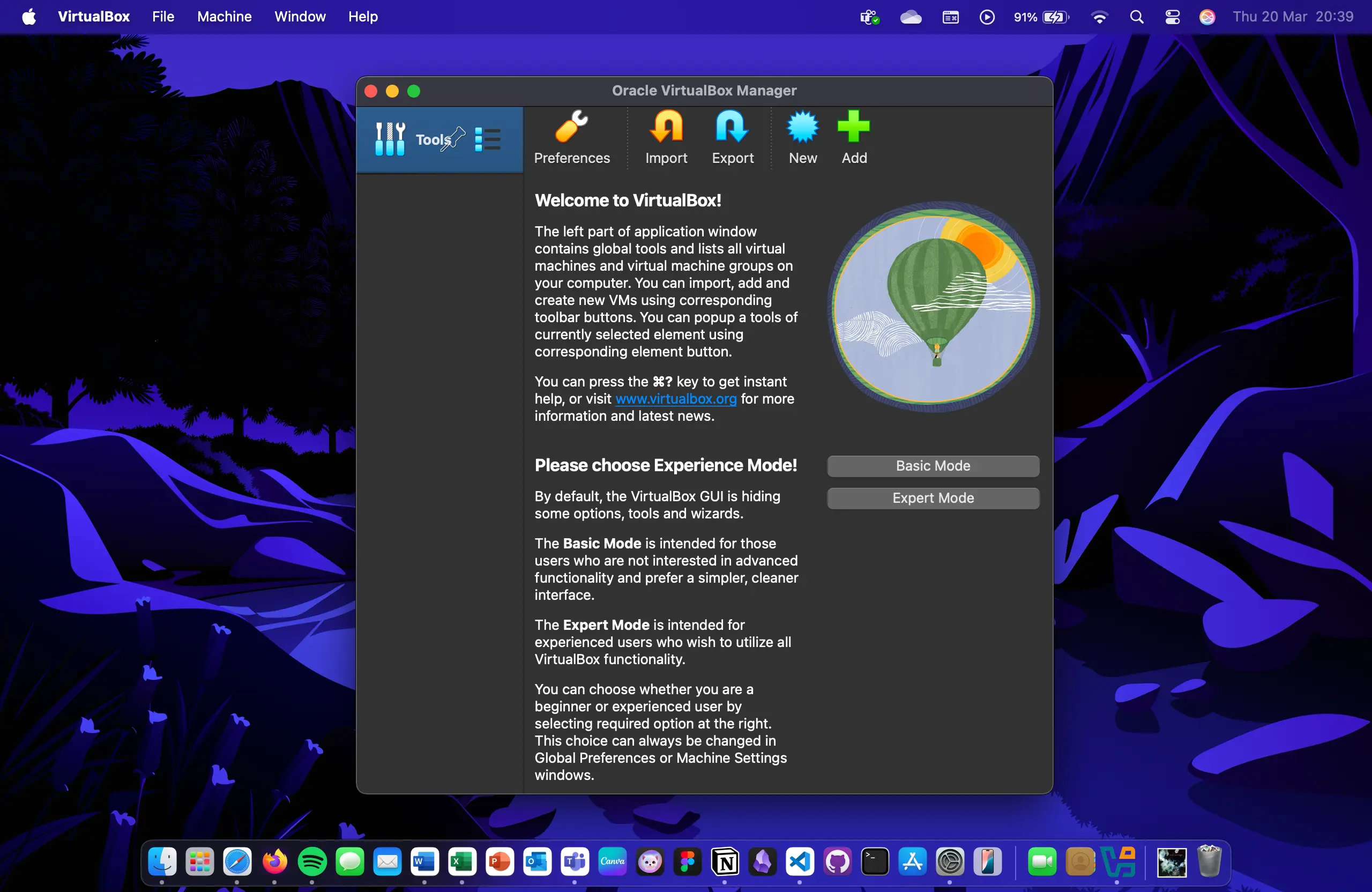The welcome screen for Oracle VirtualBox, explaining the difference between Basic Mode and Expert Mode.