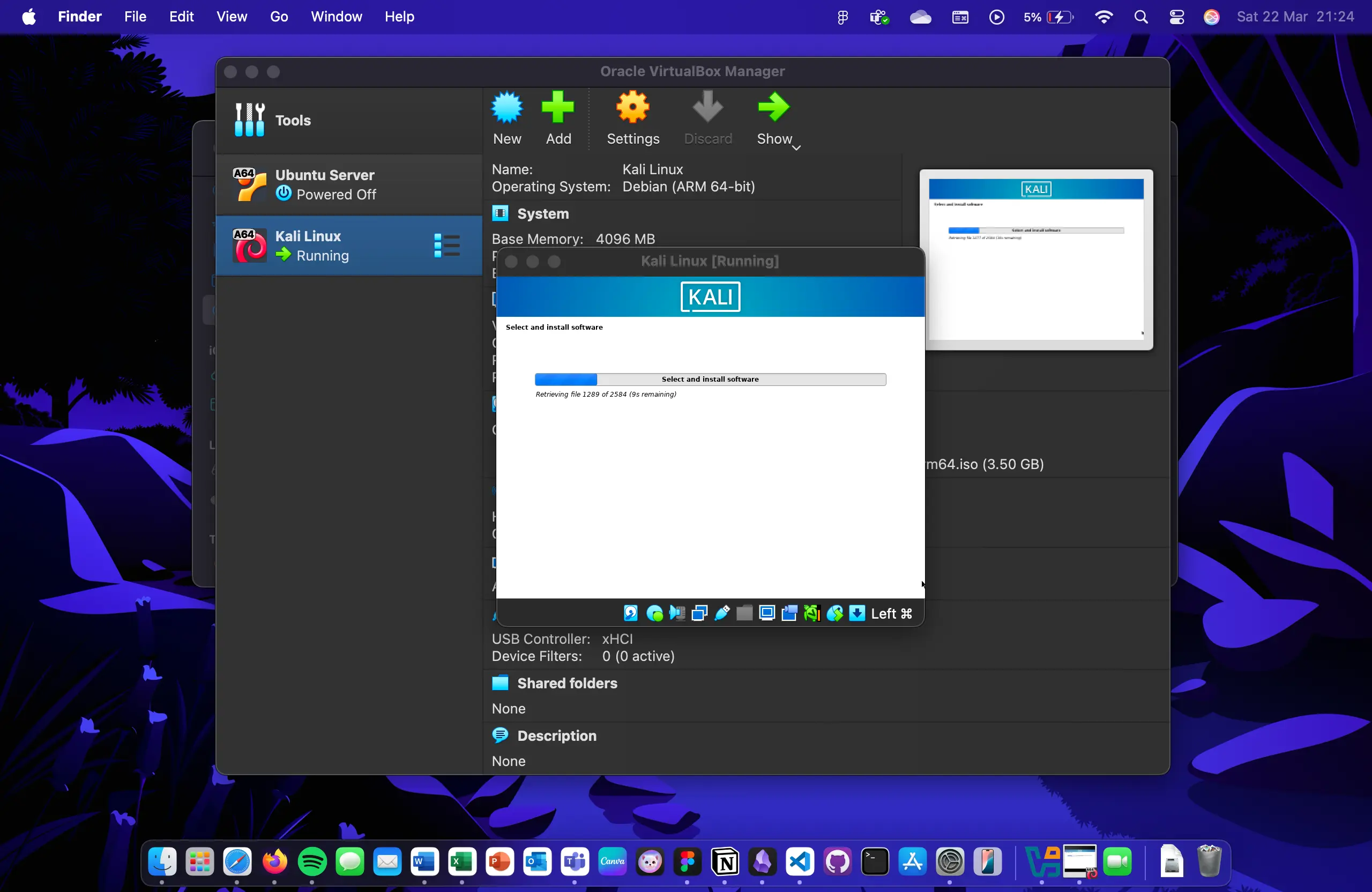 The software installation progress for a Kali Linux virtual machine within Oracle VirtualBox.
