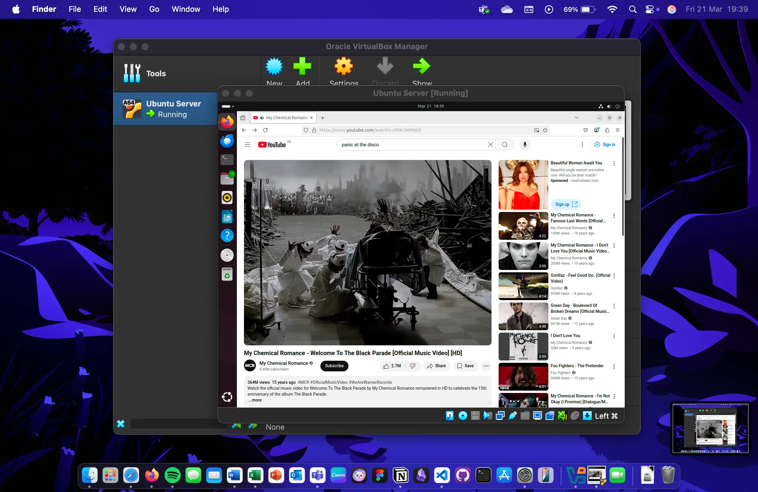 An Ubuntu Server virtual machine running in VirtualBox, with a YouTube video open in a web browser.