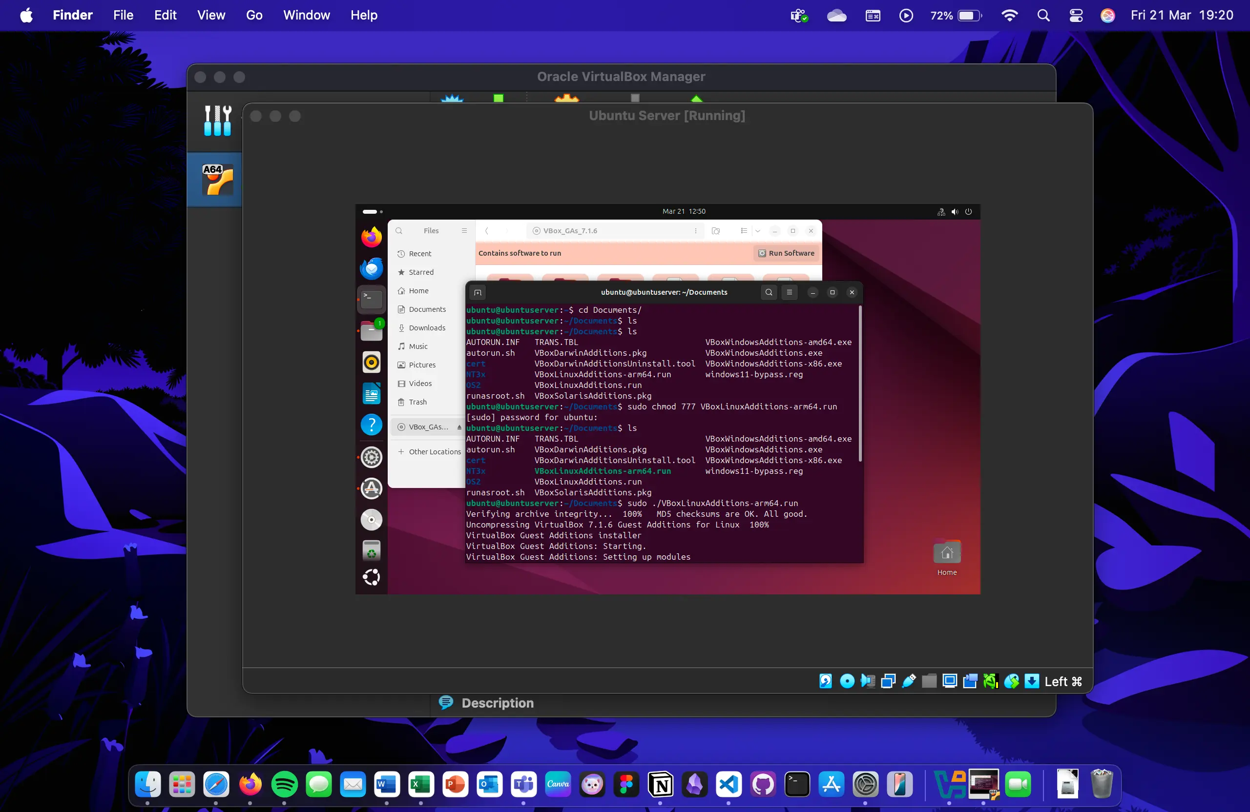 An Ubuntu Server virtual machine with a terminal showing commands to install VirtualBox Guest Additions.