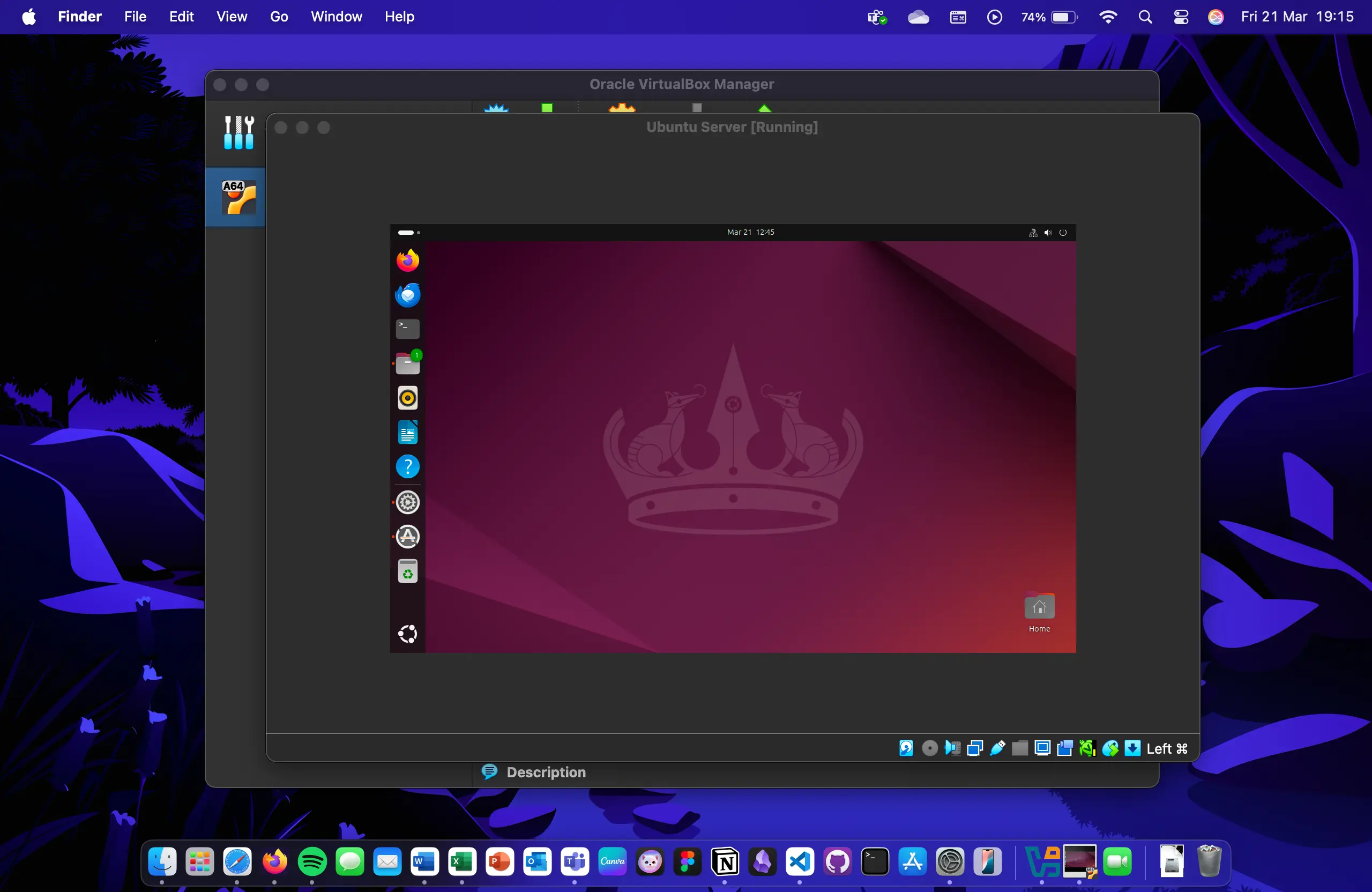 The desktop of an Ubuntu Server virtual machine running inside Oracle VirtualBox.