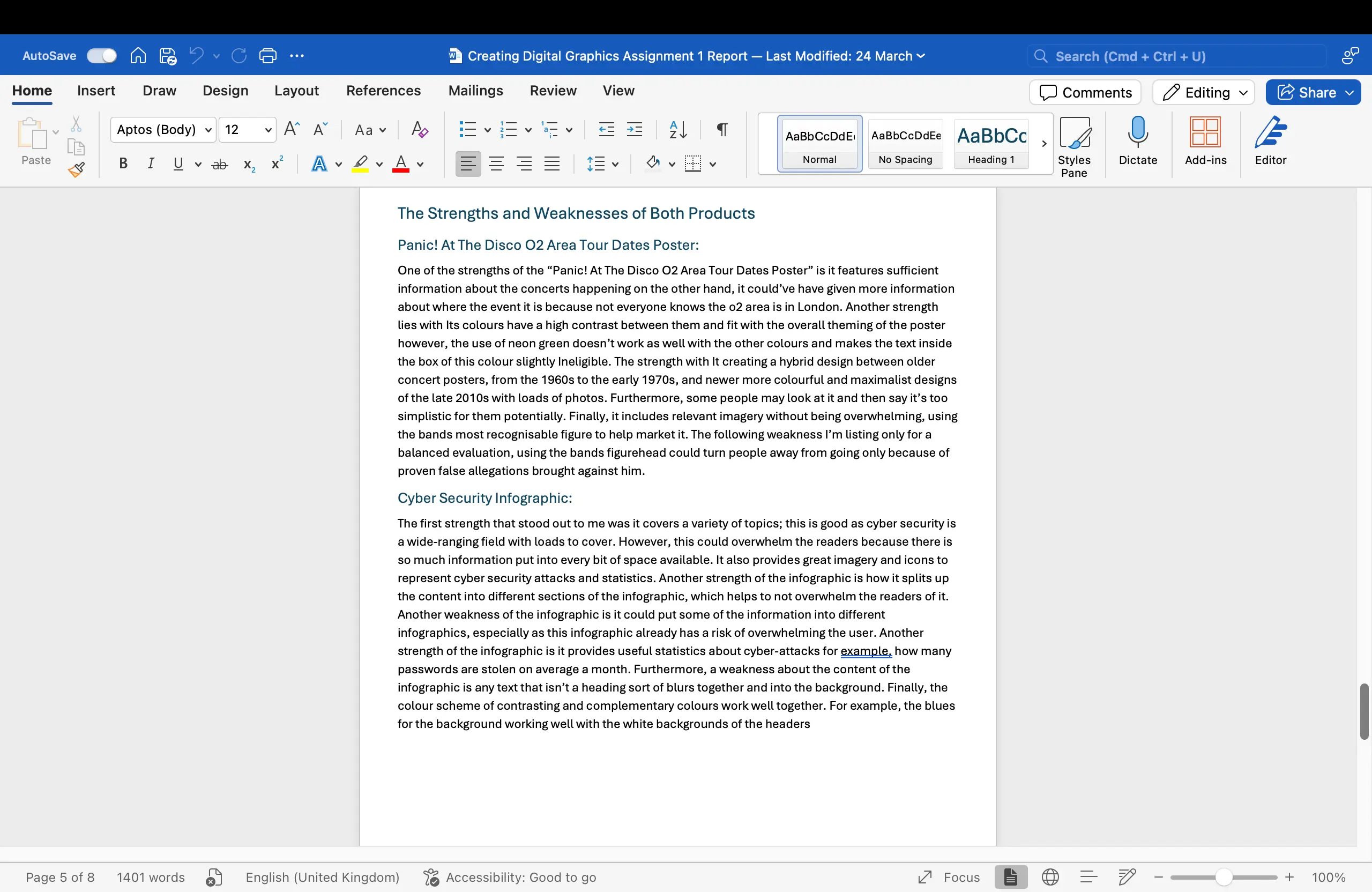 A screenshot of a school assignment analyzing the strengths and weaknesses of a Panic At The Disco tour poster and a Cyber Security infographic.