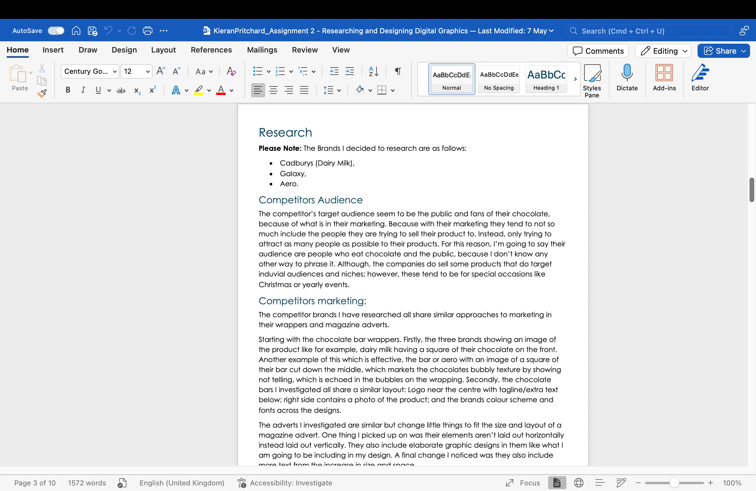 A screenshot of a Microsoft Word document containing graphic design research on competitors and their marketing for chocolate brands.