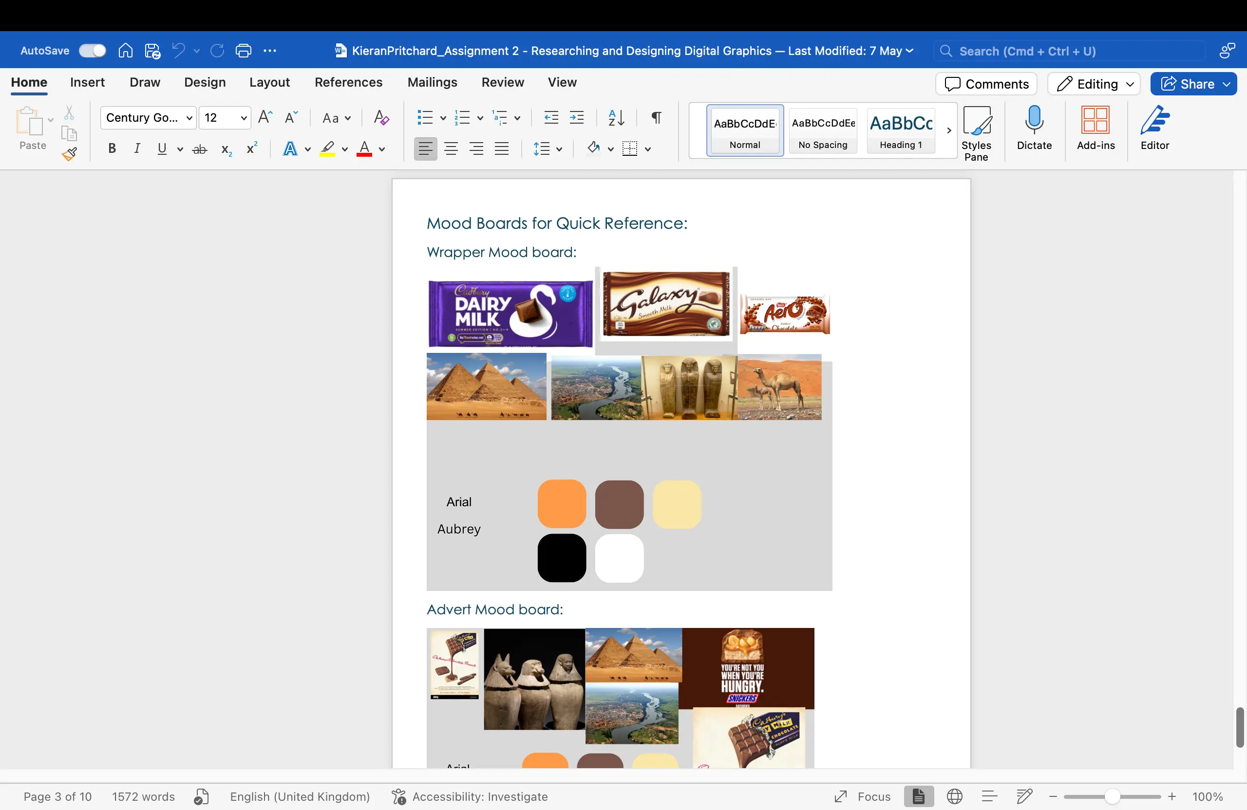 A screenshot of a Microsoft Word document showing a graphic design mood board with images of chocolate brands and travel photos.