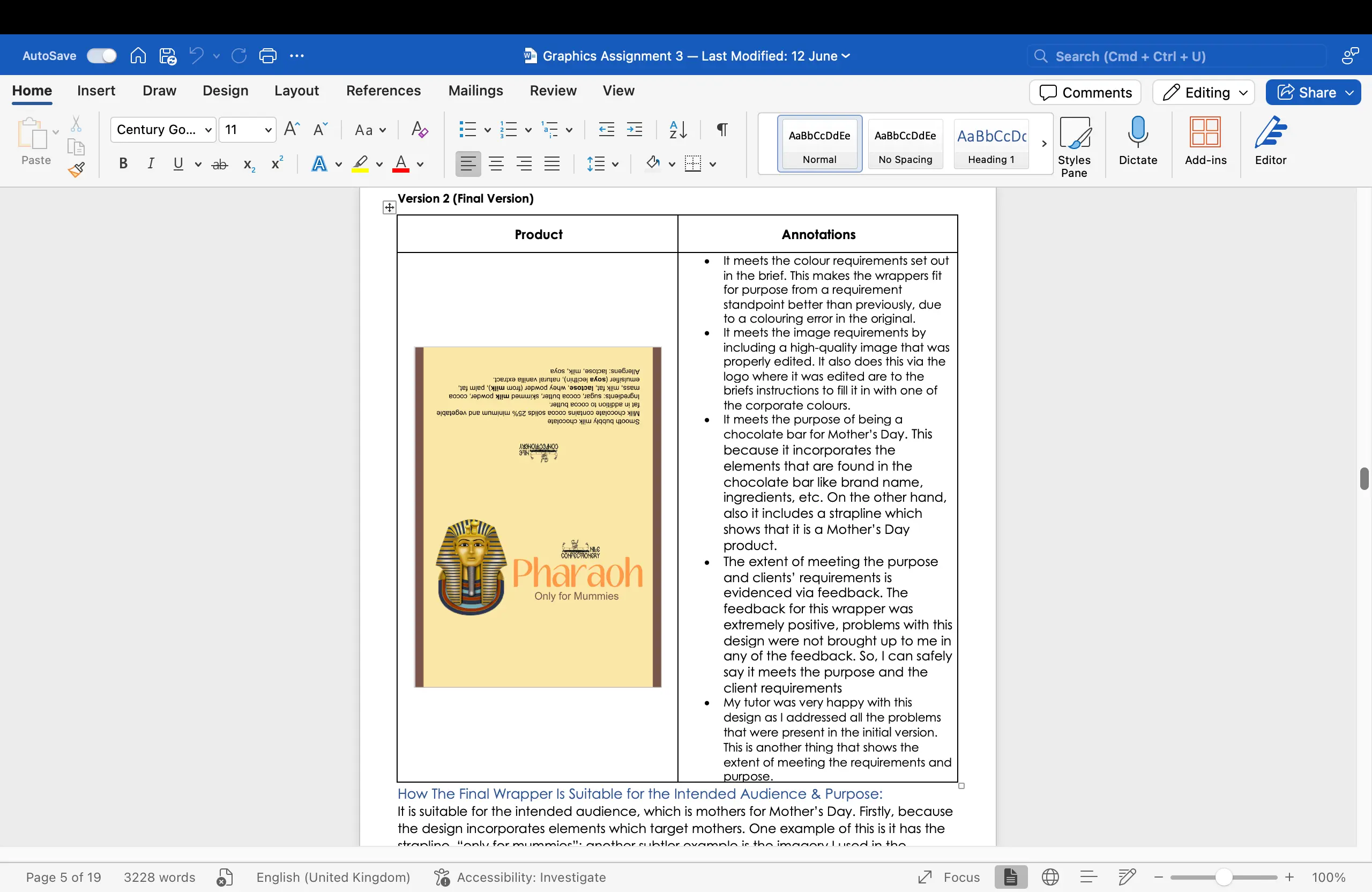 A screenshot of a graphics assignment document with annotations on a final product design, likely a chocolate wrapper, and a detailed description of its purpose.