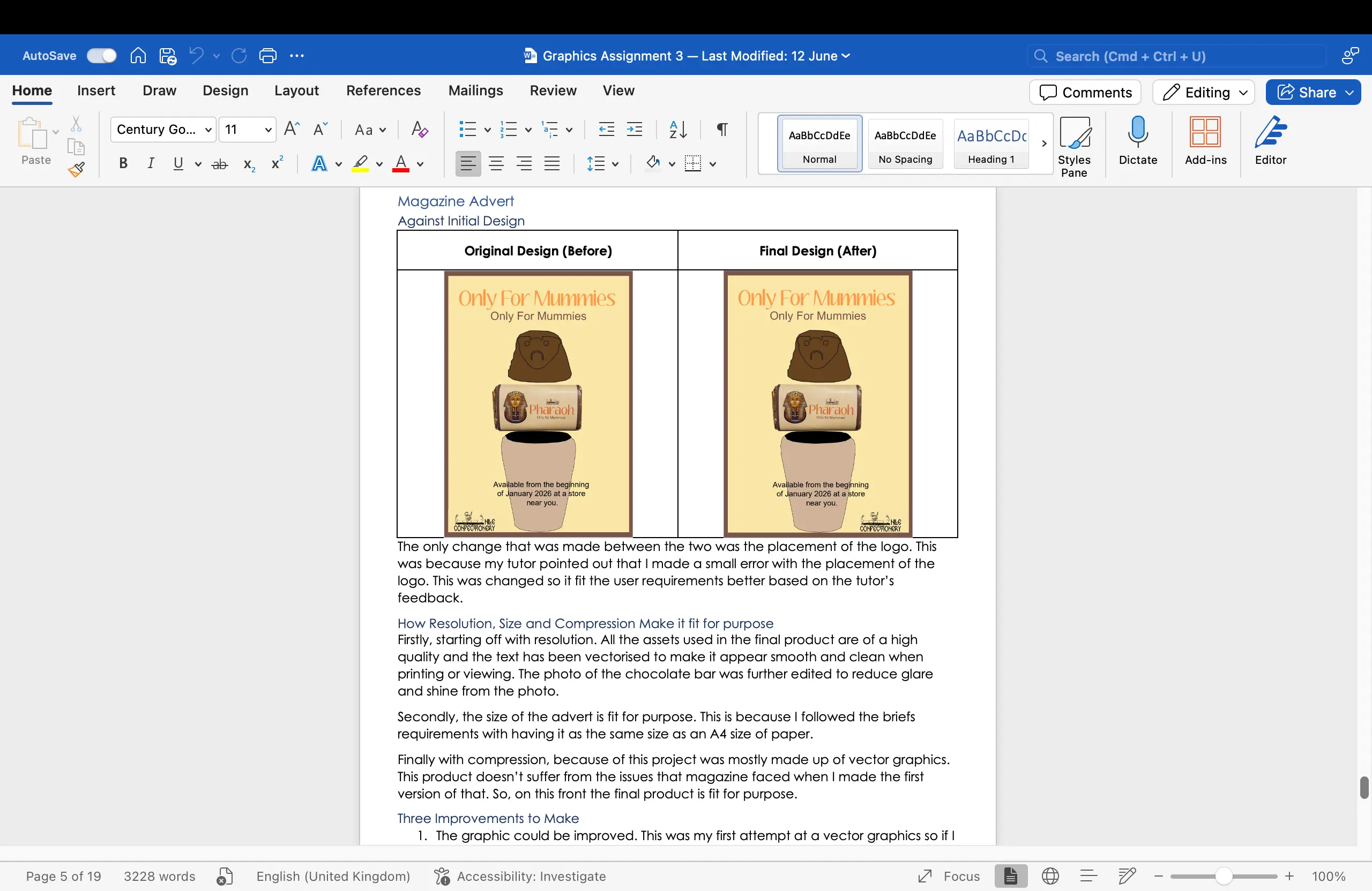 A school assignment comparing the original and final designs for a magazine advert for a chocolate product, with a section on design improvements.