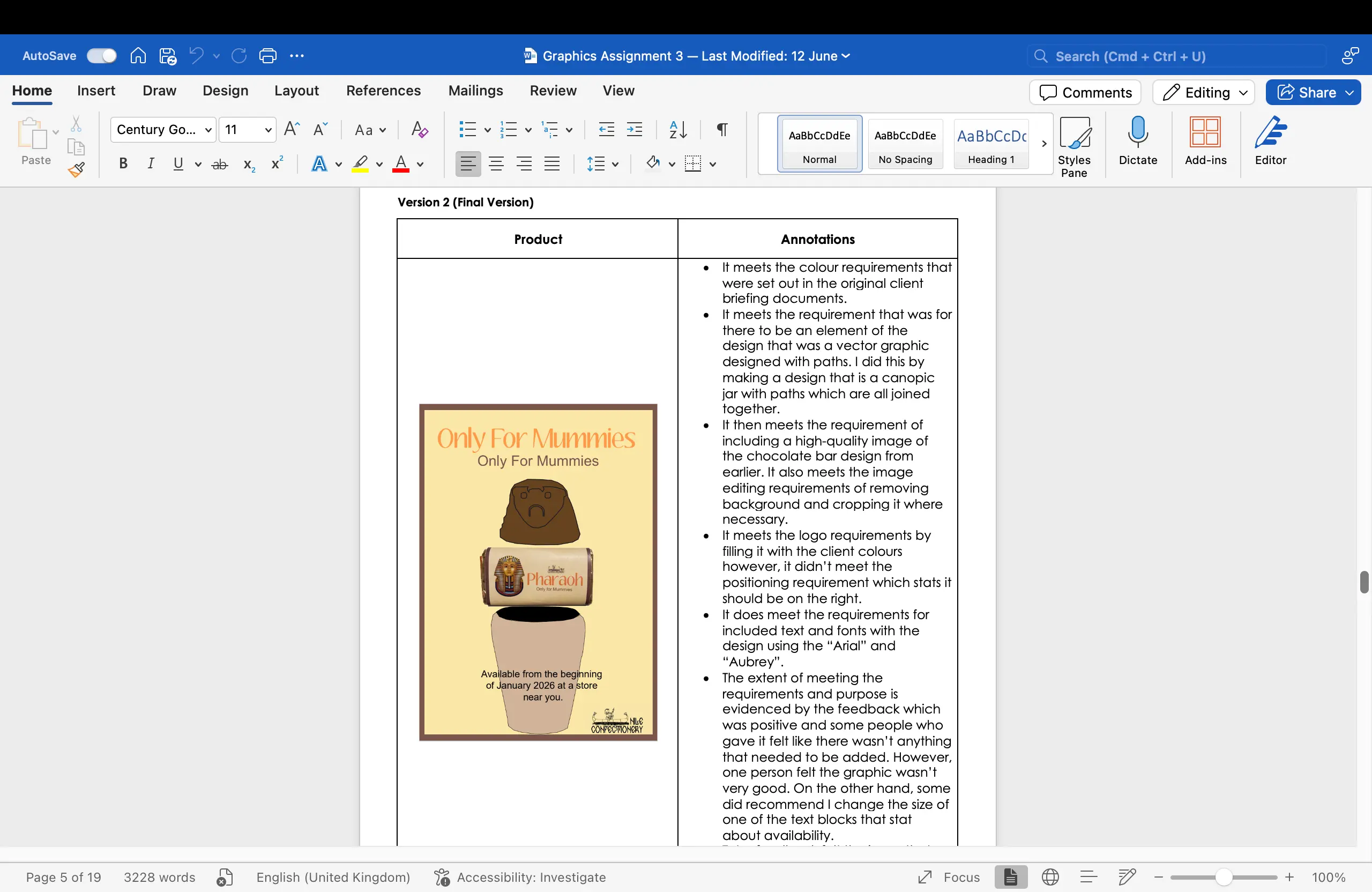 A screenshot of a graphics assignment showing a product design with detailed annotations and feedback on the creative process.