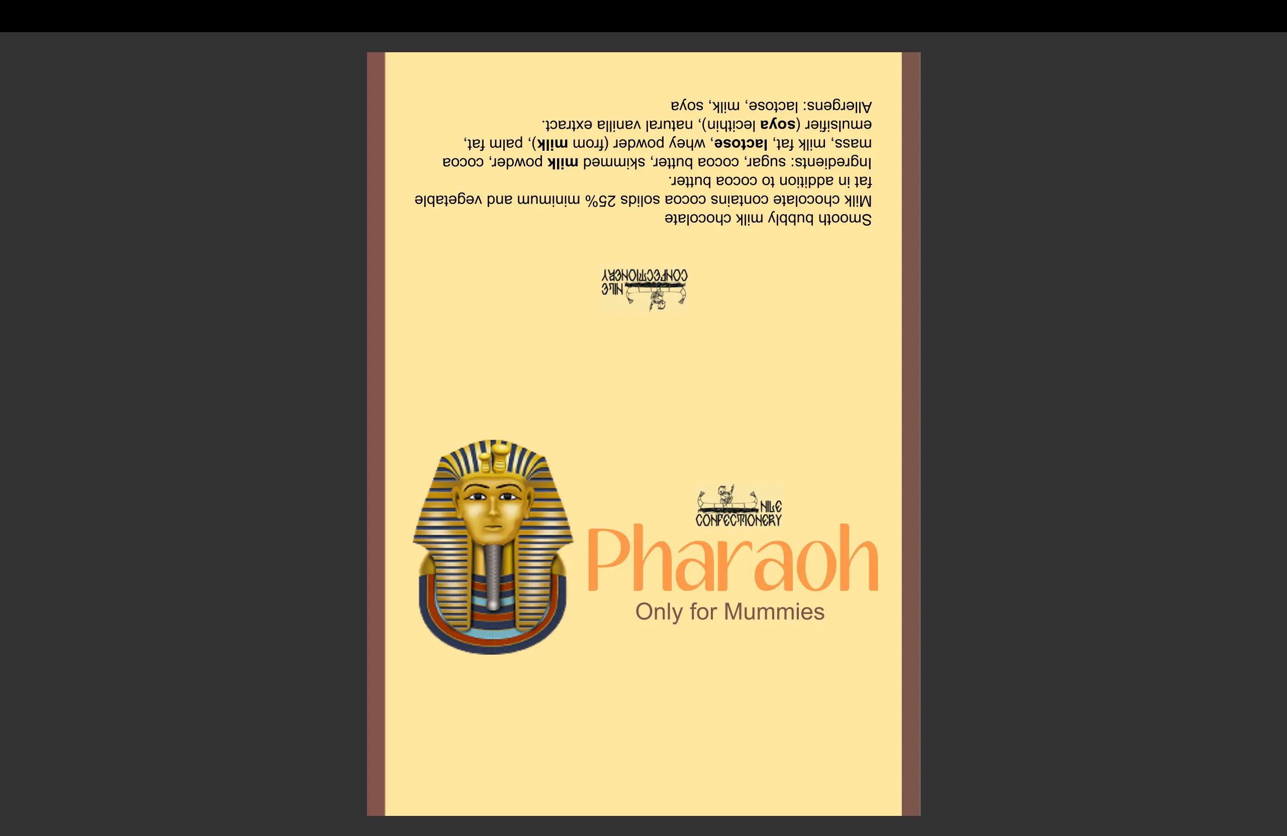 A graphic design for the back of a chocolate product called 'Pharaoh,' showing the ingredients list and branding.