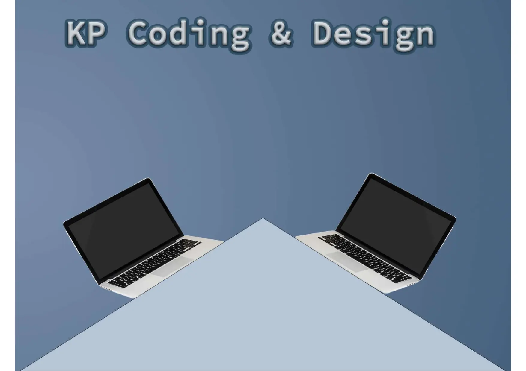 KP Coding & Design logo with two laptops on a blue background.