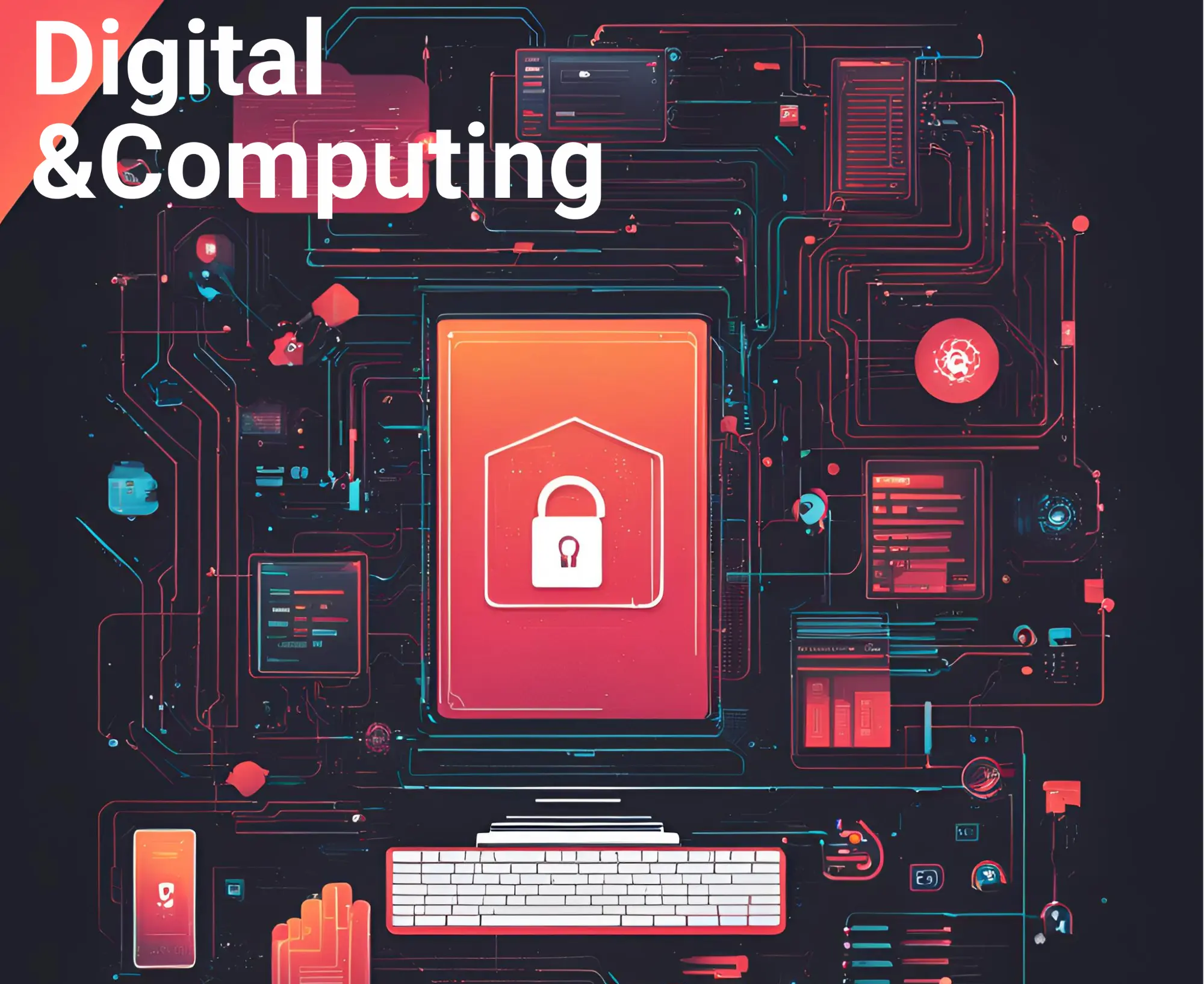A digital graphic for 'Digital & Computing' featuring a large red security lock icon and futuristic circuit board lines.