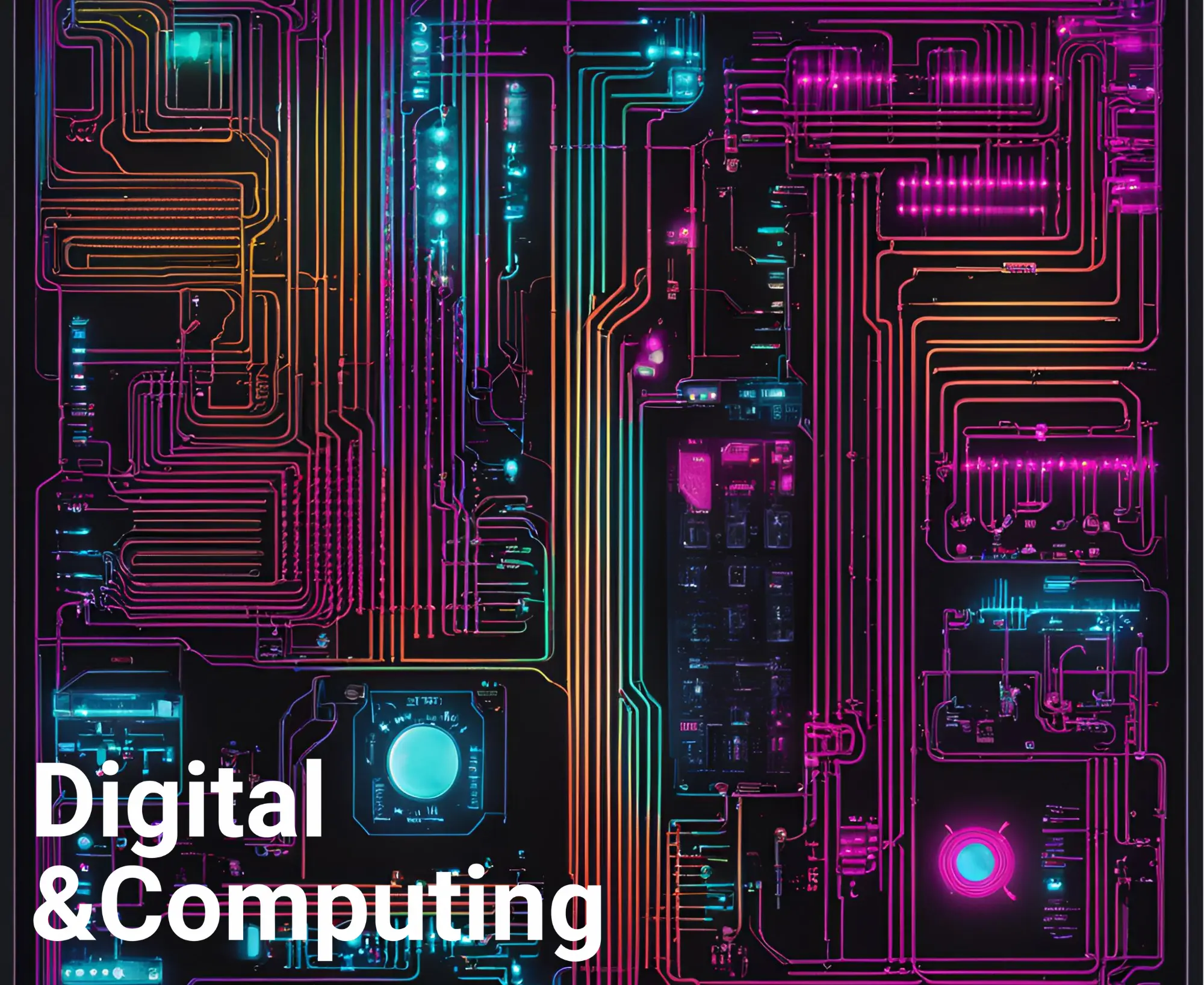 Digital and Computing title on an image of a complex futuristic circuit board with glowing pink, blue, and orange lines.