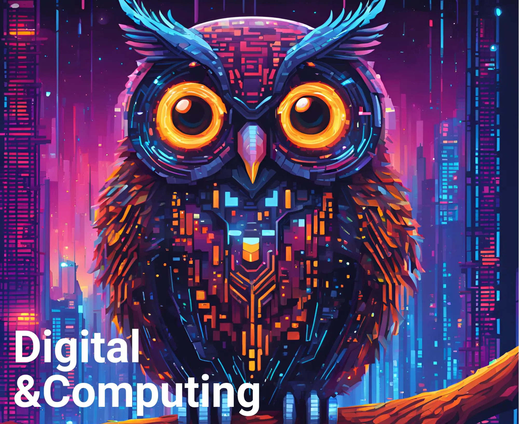 A digital graphic of a futuristic owl with a circuit board pattern and glowing orange eyes, with the words 'Digital & Computing' below.