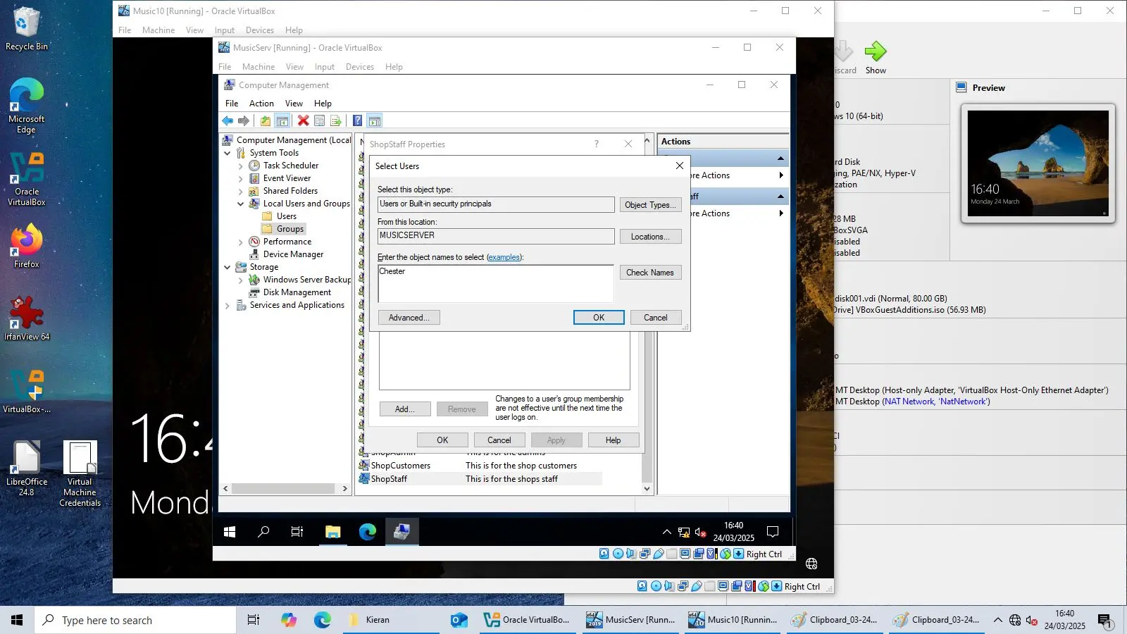 A screenshot of the Windows Computer Management window, showing a dialog to select users or groups for properties.