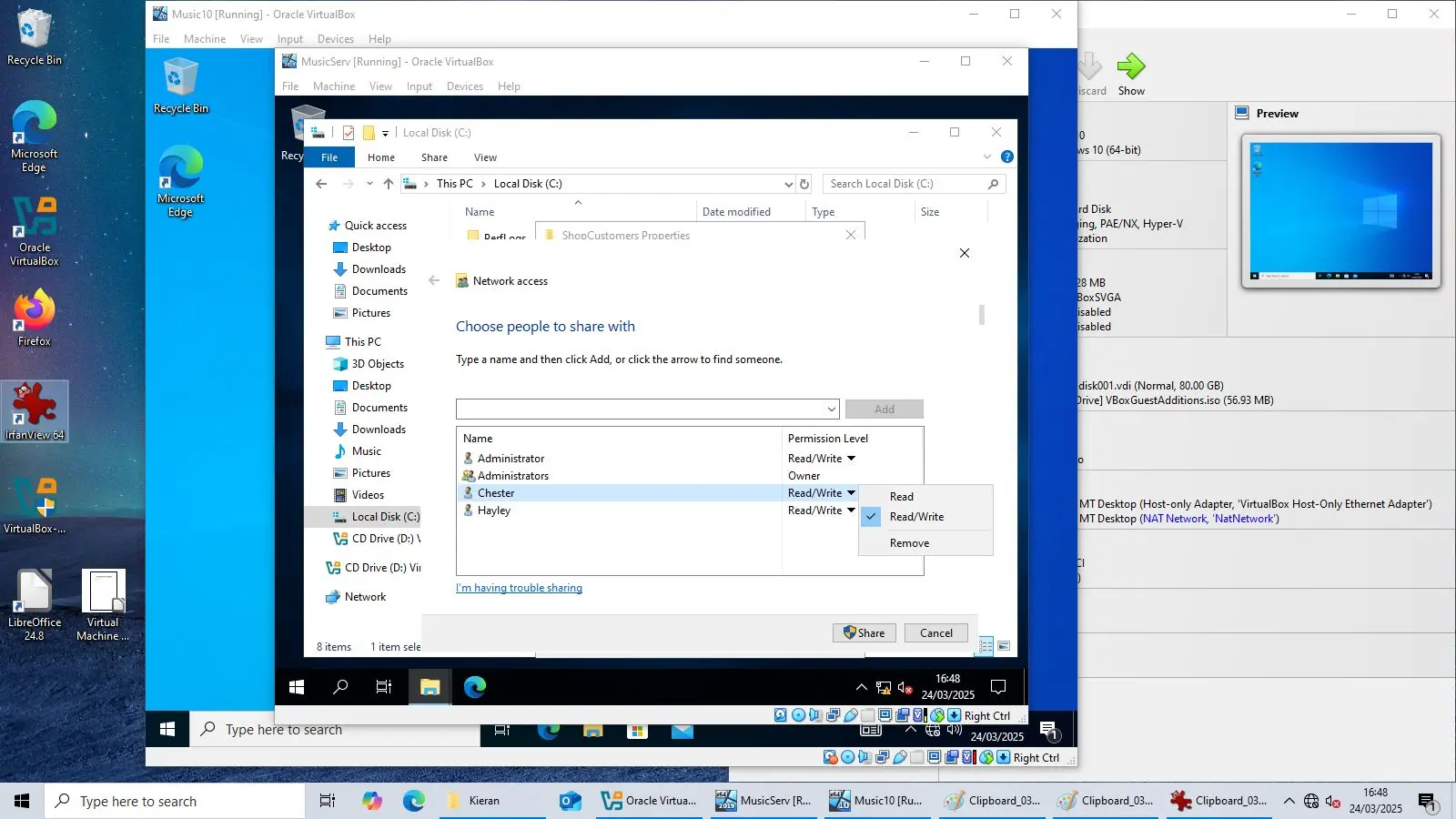 A screenshot of the File Explorer window showing the 'Network access' sharing settings for a local disk.