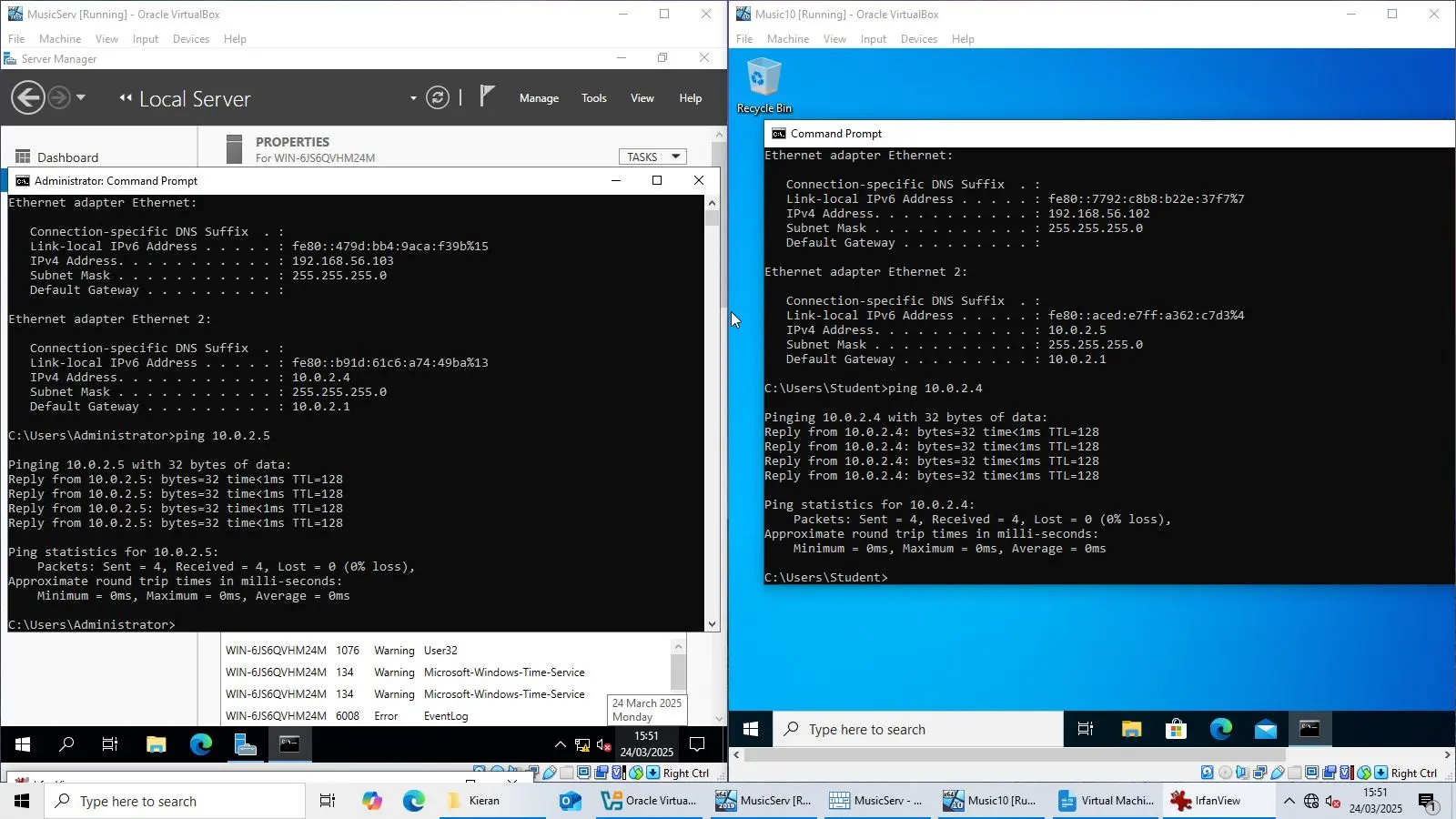 A screenshot of two Oracle VirtualBox virtual machines side-by-side, one showing the local server dashboard and the other a command prompt with a ping test.
