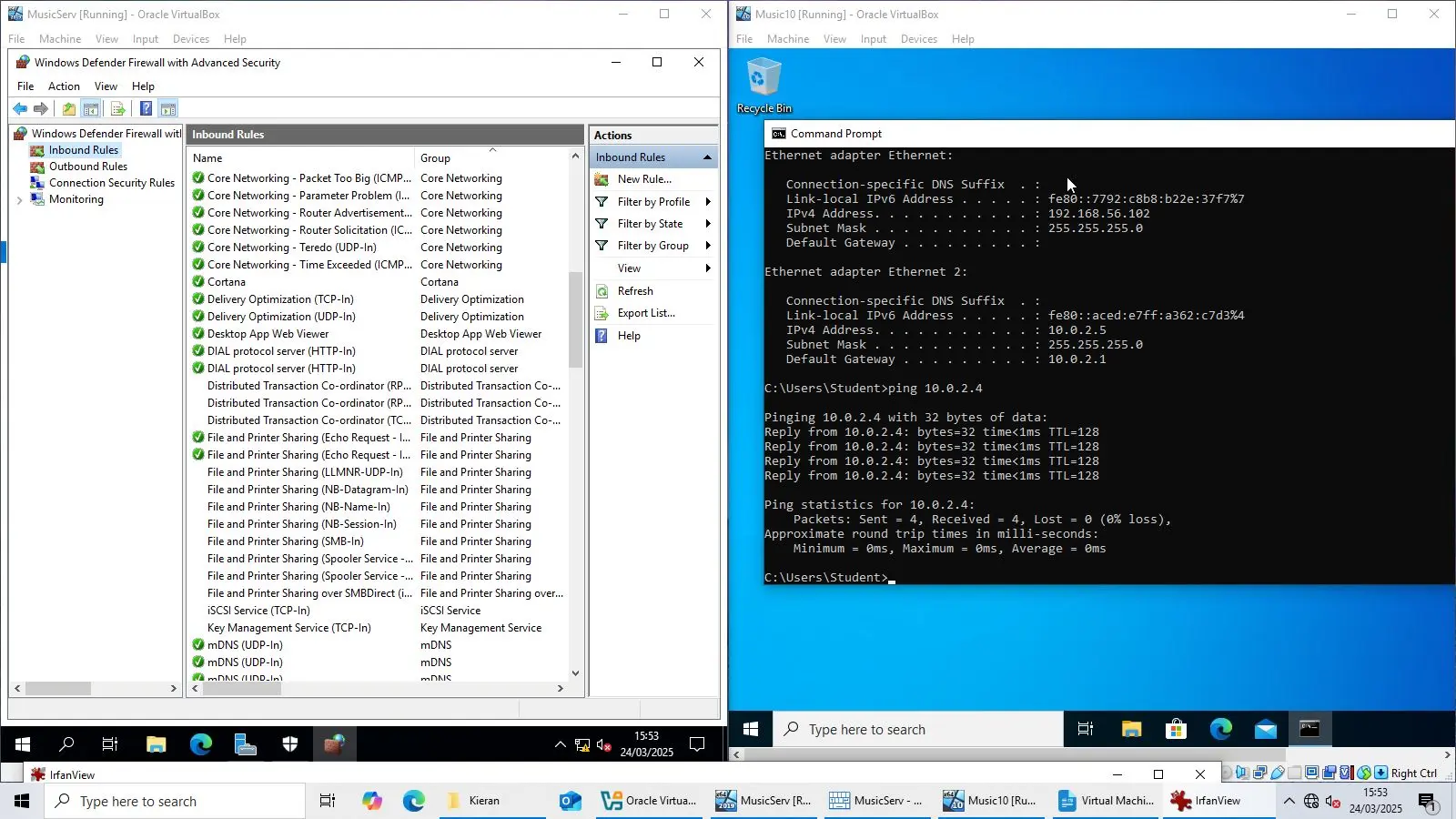 A screenshot of two Oracle VirtualBox virtual machines, one displaying Windows Defender Firewall inbound rules and the other a command prompt with a successful ping test.