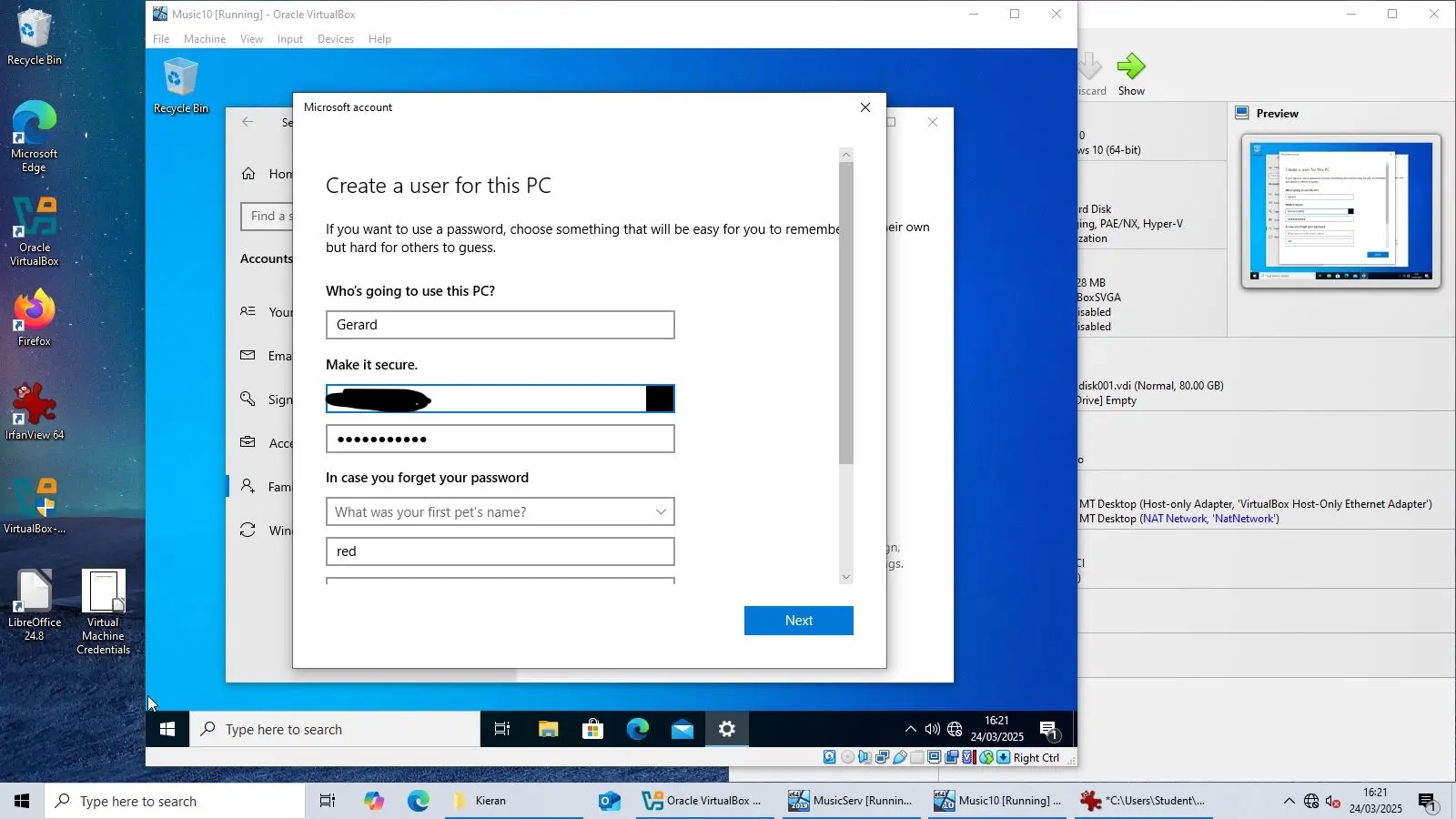 A screenshot of the Windows settings to create a user account, with fields for username, password, and a security question.