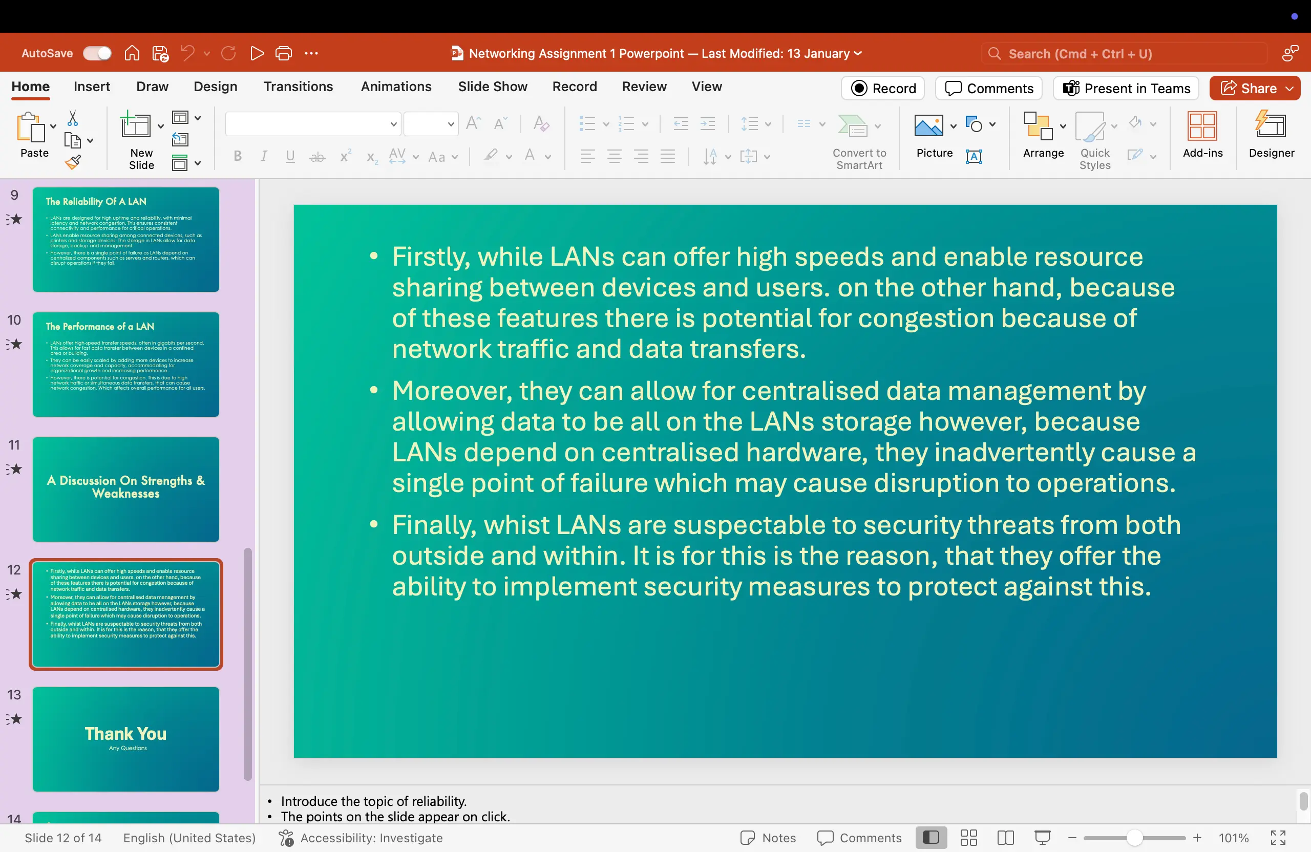 A slide from an assignment comparing two different network types: LAN and WAN, listing characteristics such as scale, speed, and cost.