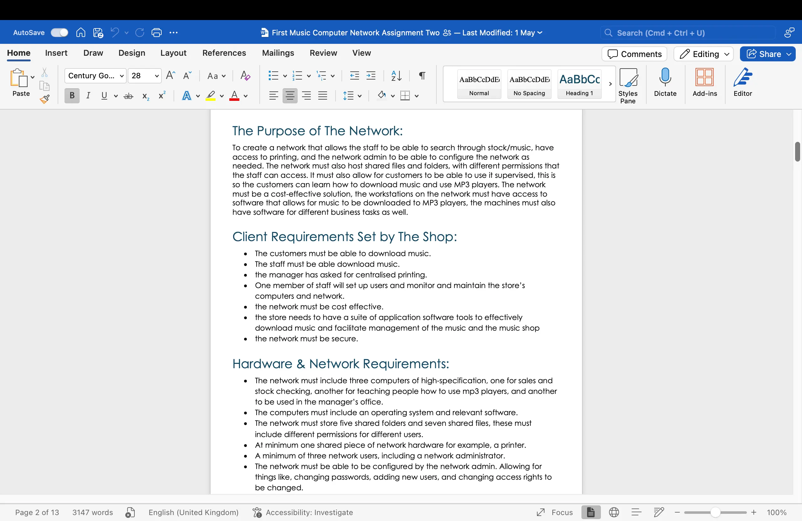 A presentation slide titled 'Review & Recommendations' summarizing the outcomes of a network project, including a final network design and feedback.
