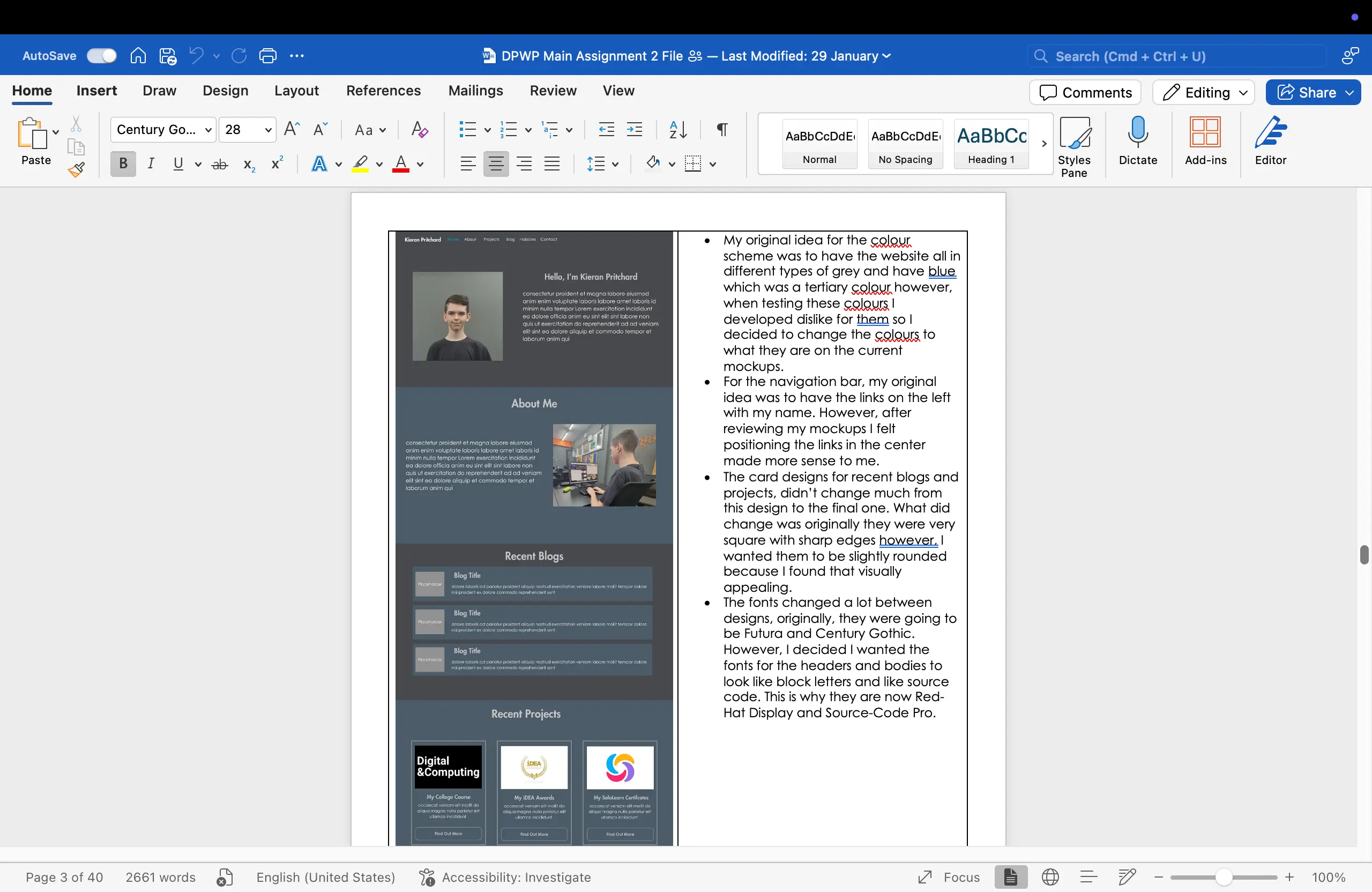 A screenshot of a Word document showing a website design mockup and detailed notes explaining the final design choices.