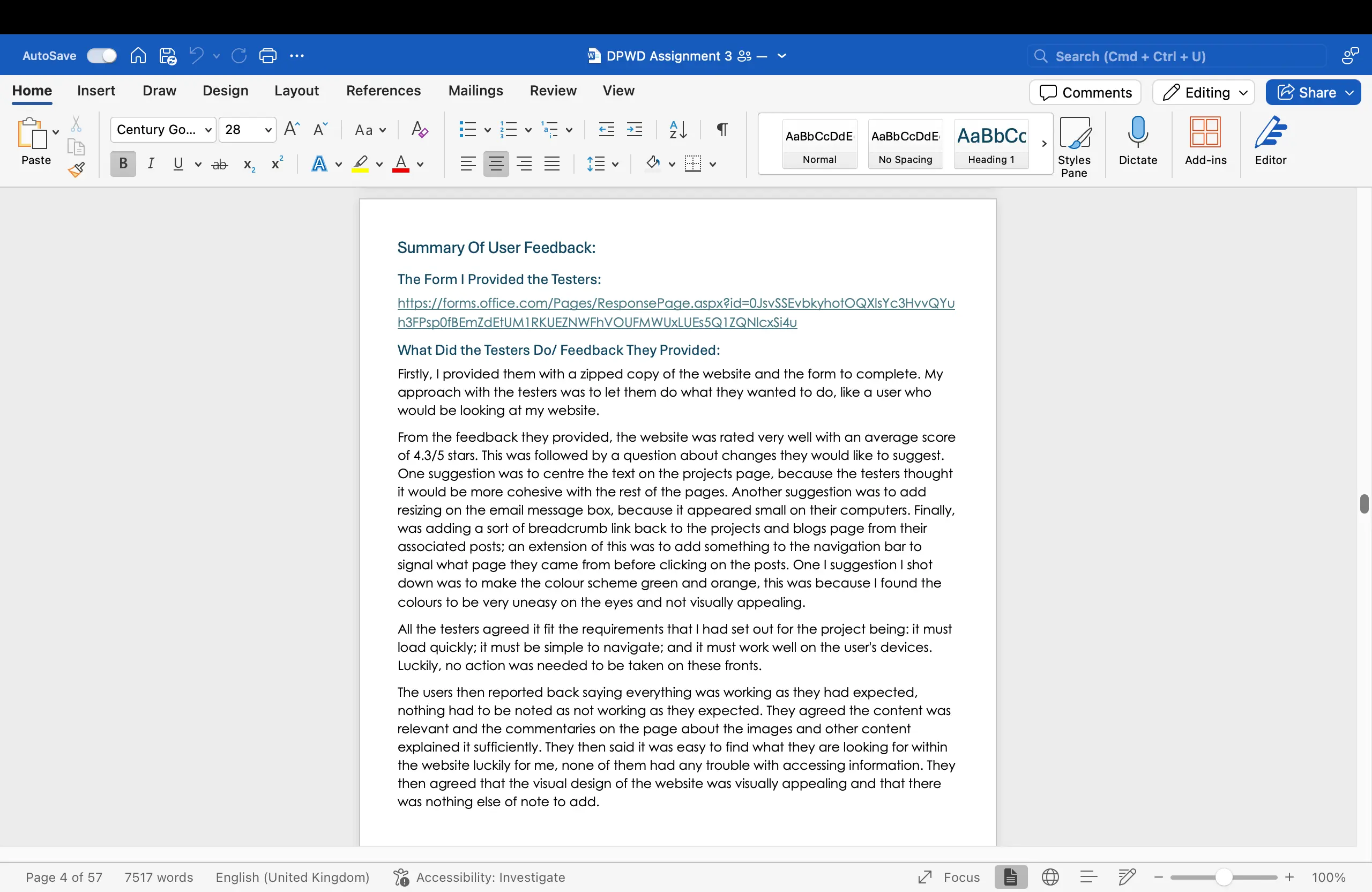 A screenshot of a Word document with a summary of user feedback and a list of suggestions for a website, including centering content and adding breadcrumbs.
