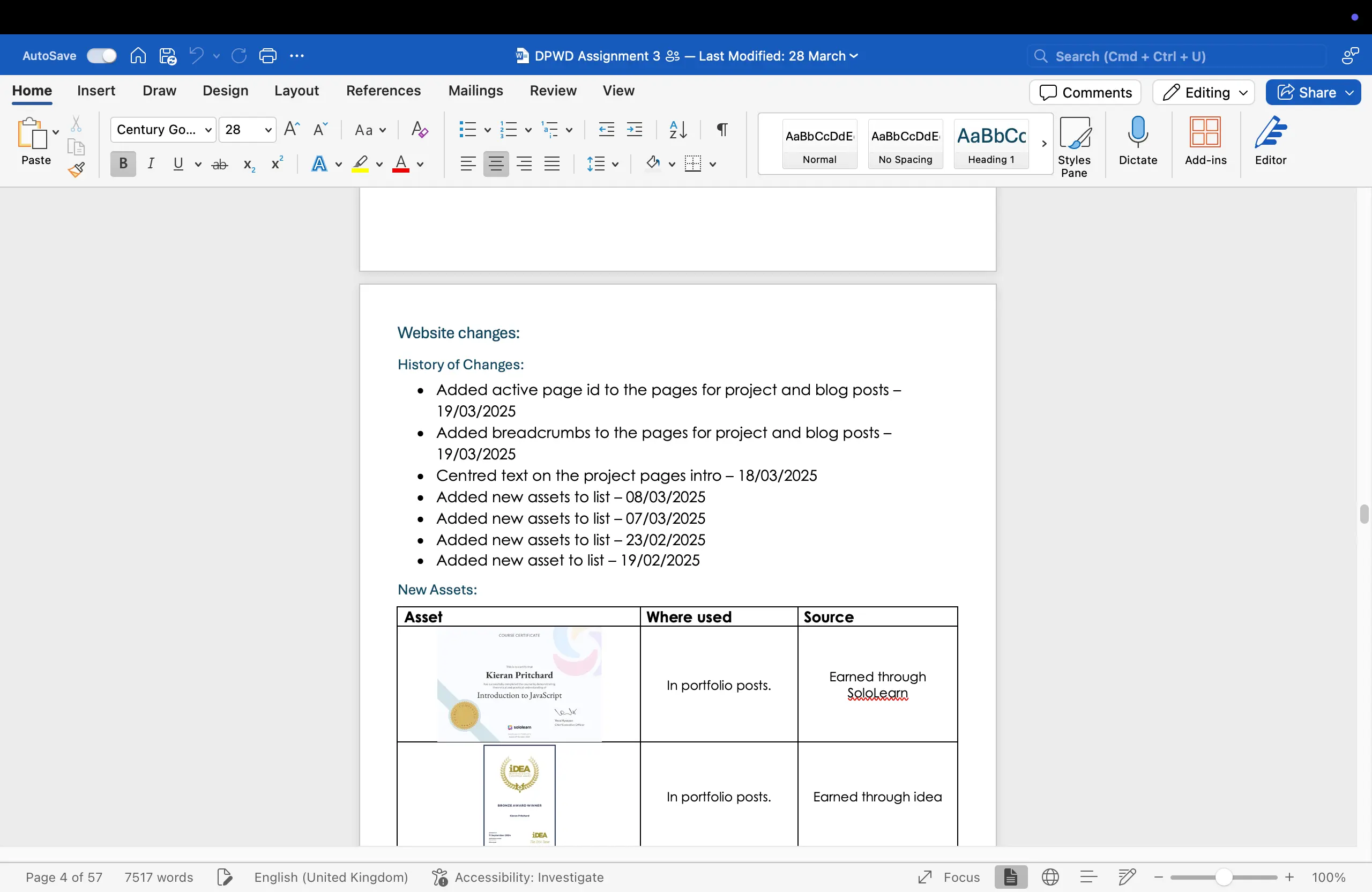 A screenshot of a Word document with a log of website changes and a table of new digital assets used, including a certificate and award.