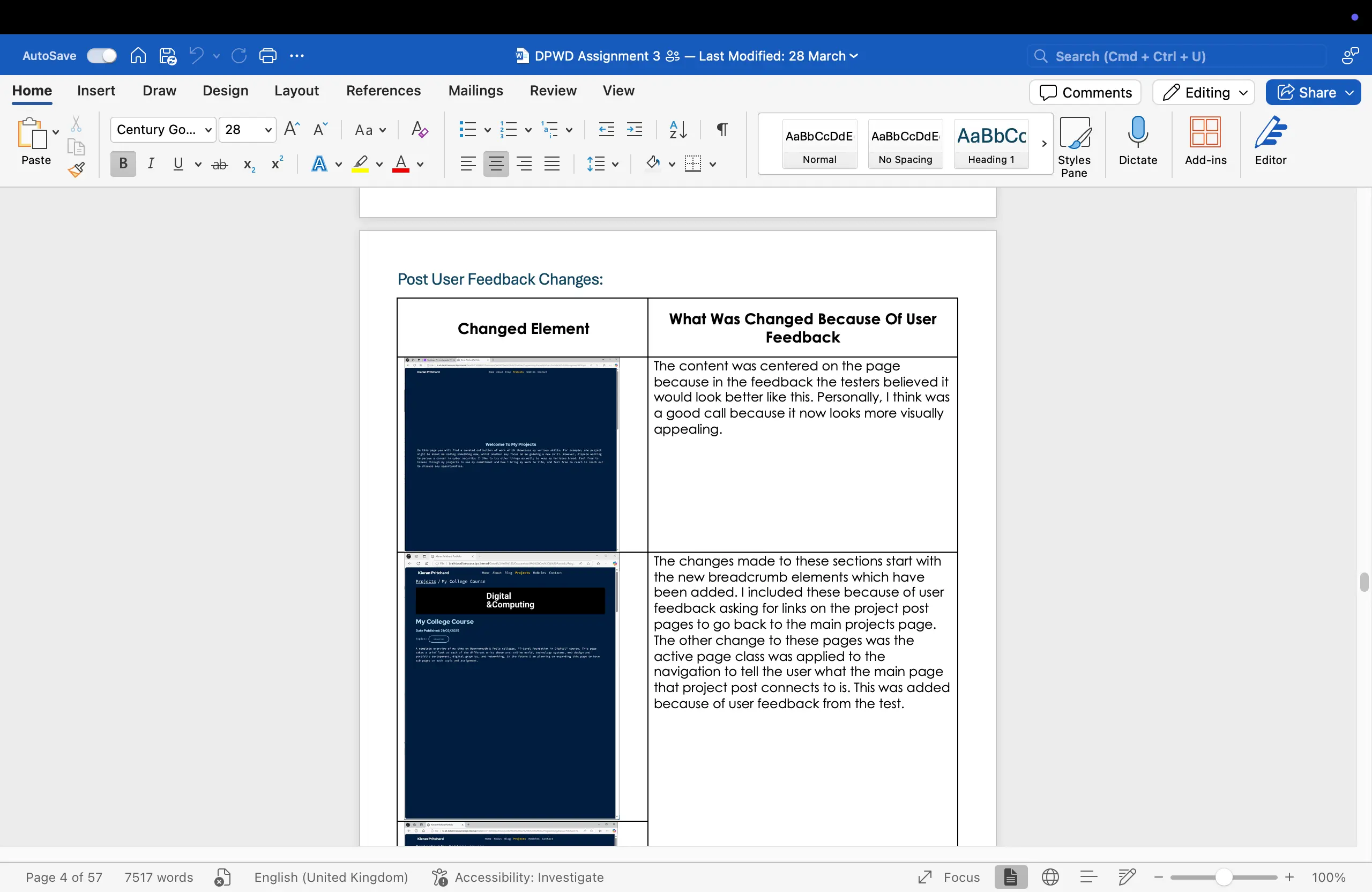 A screenshot of a Word document displaying a table with website changes made in response to user feedback, with before and after images.
