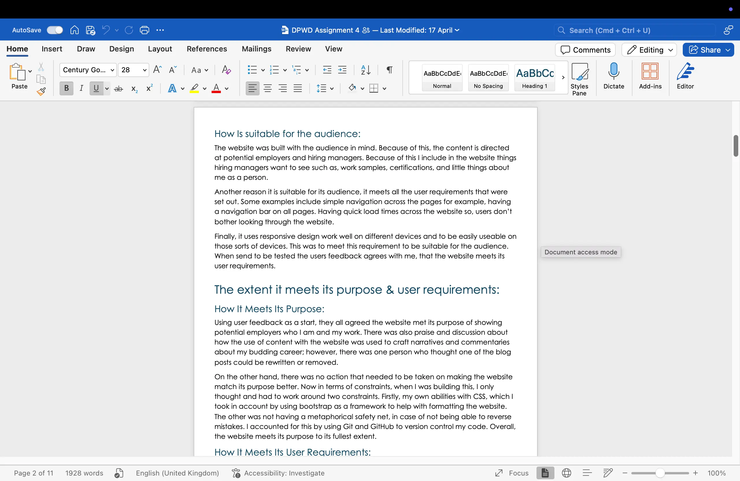 A screenshot of a Word document explaining how a website is suitable for its target audience and meets its purpose and user requirements.