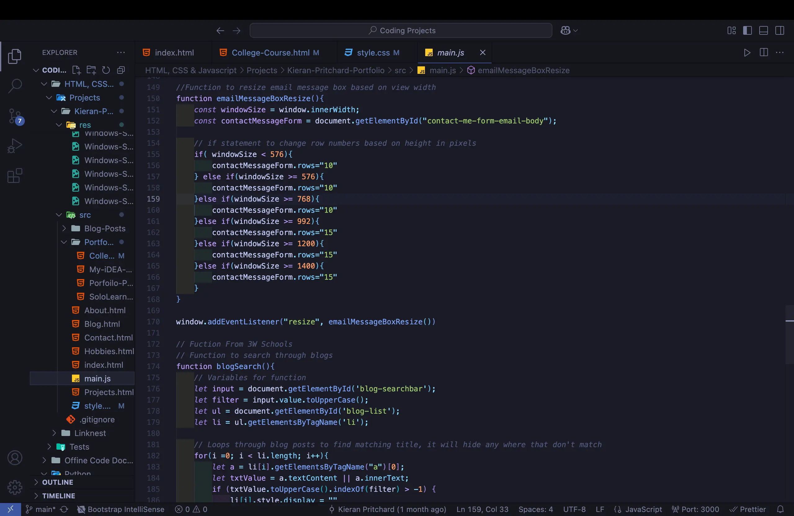 A screenshot of a Visual Studio Code window displaying JavaScript code for resizing elements and searching for blog posts.