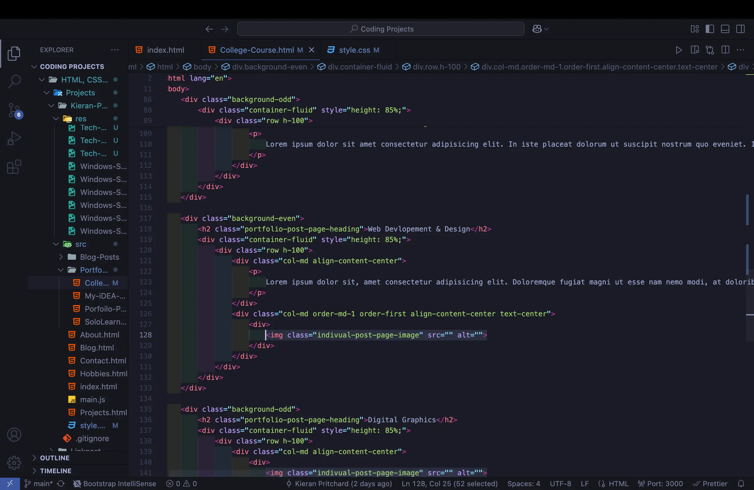 A screenshot of a Visual Studio Code window showing HTML code for a website, with `div` elements and class structures for layout.
