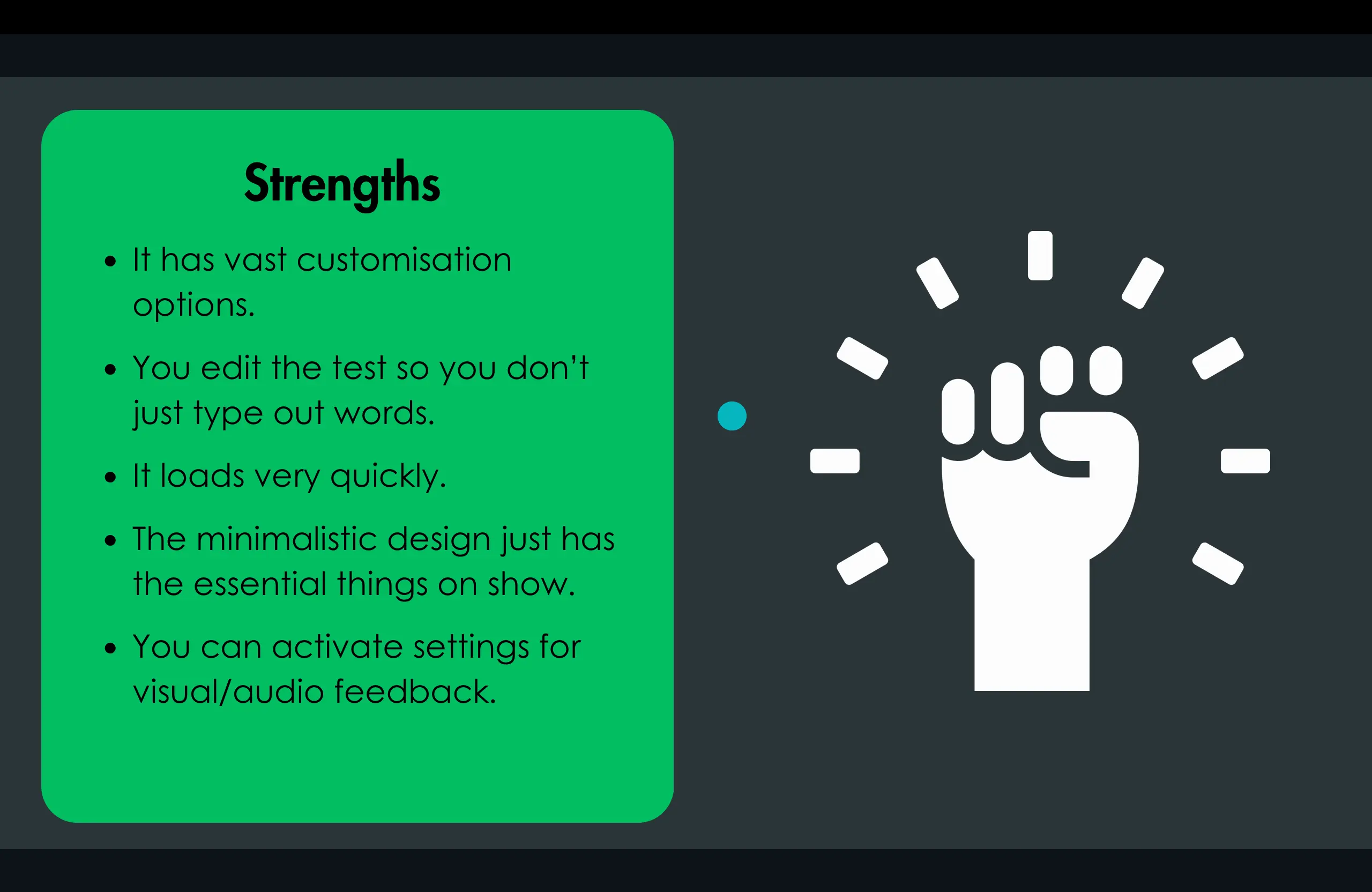 A presentation slide titled 'Strengths,' listing website advantages like customization options, fast loading, and minimalist design.