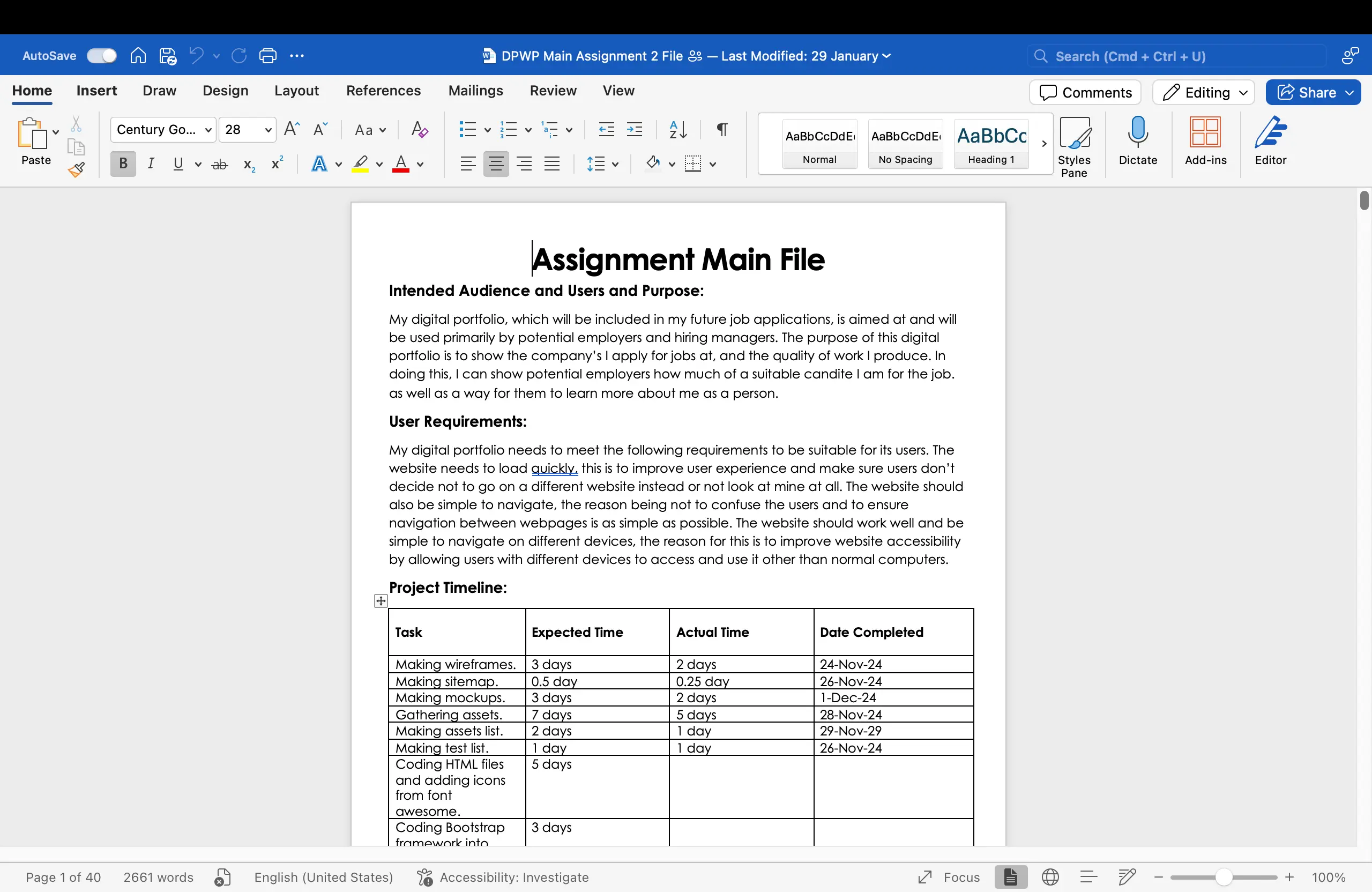 A screenshot of a Word document for a web development assignment, showing the project purpose, user requirements, and a timeline of tasks.