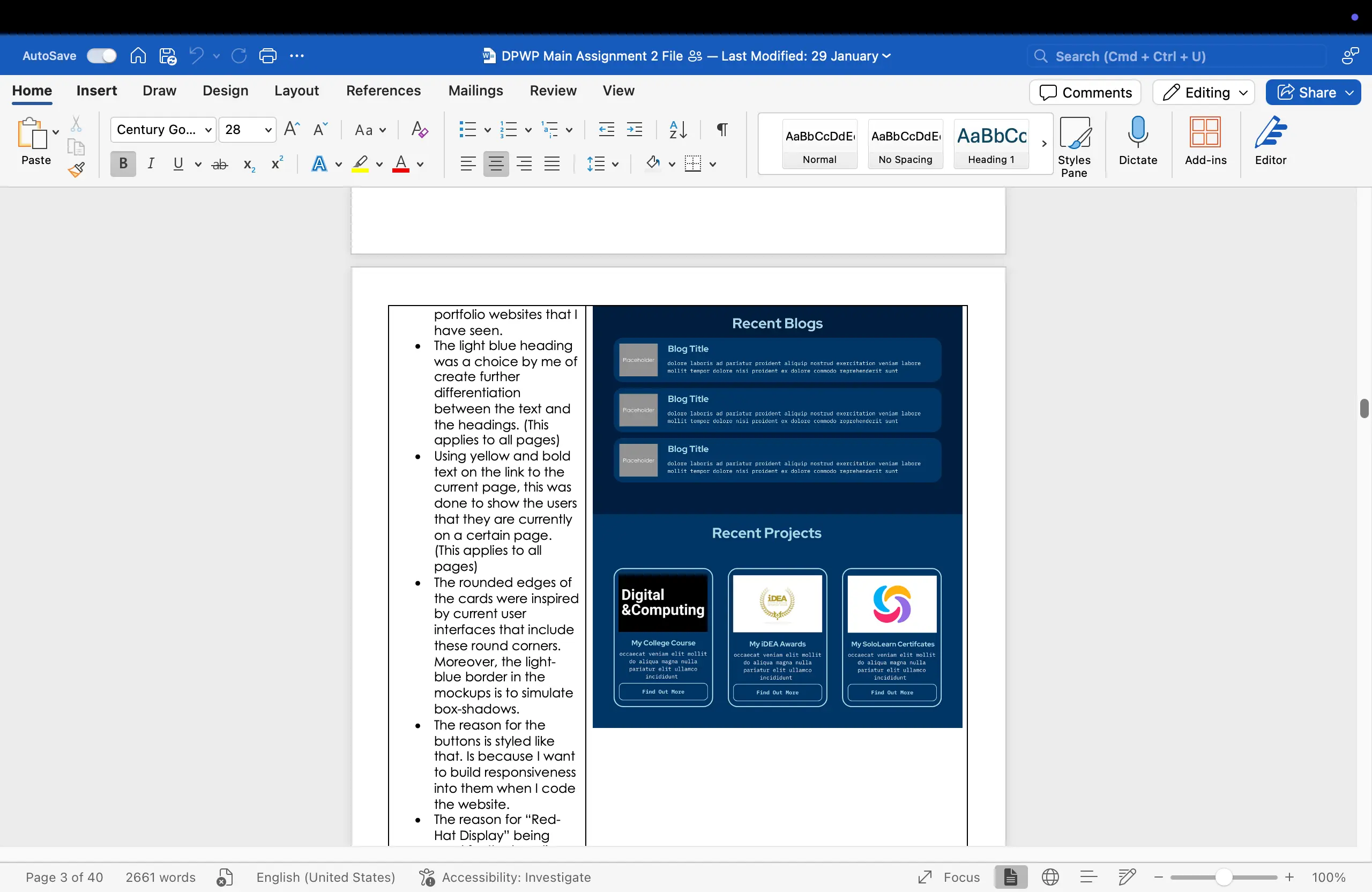 A screenshot of a Word document with a website design mockup for a portfolio, including styled sections for 'Recent Blogs' and 'Recent Projects' with design notes.