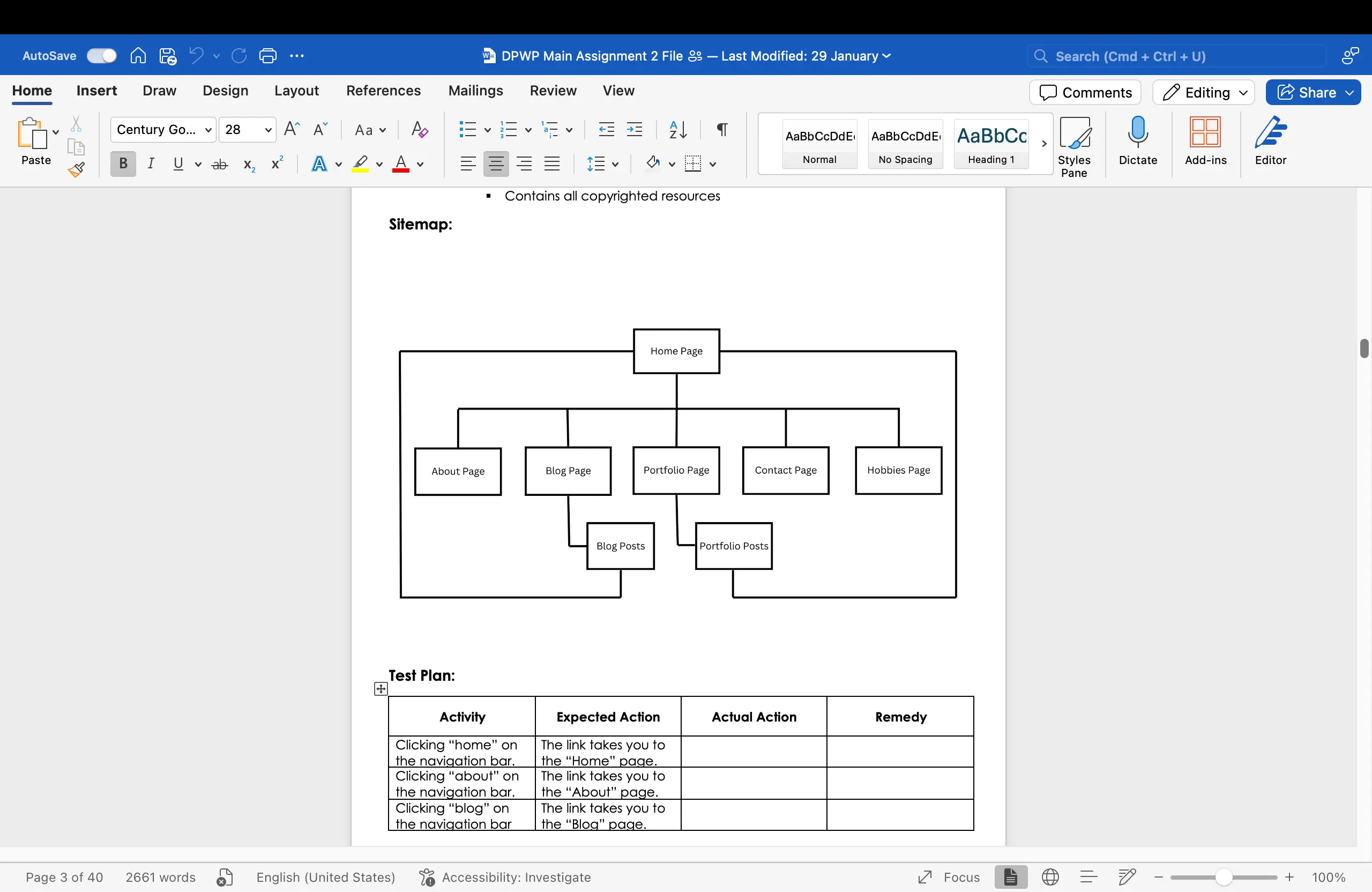 A screenshot of a Word document displaying a website sitemap flowchart and a test plan table for a web development project.