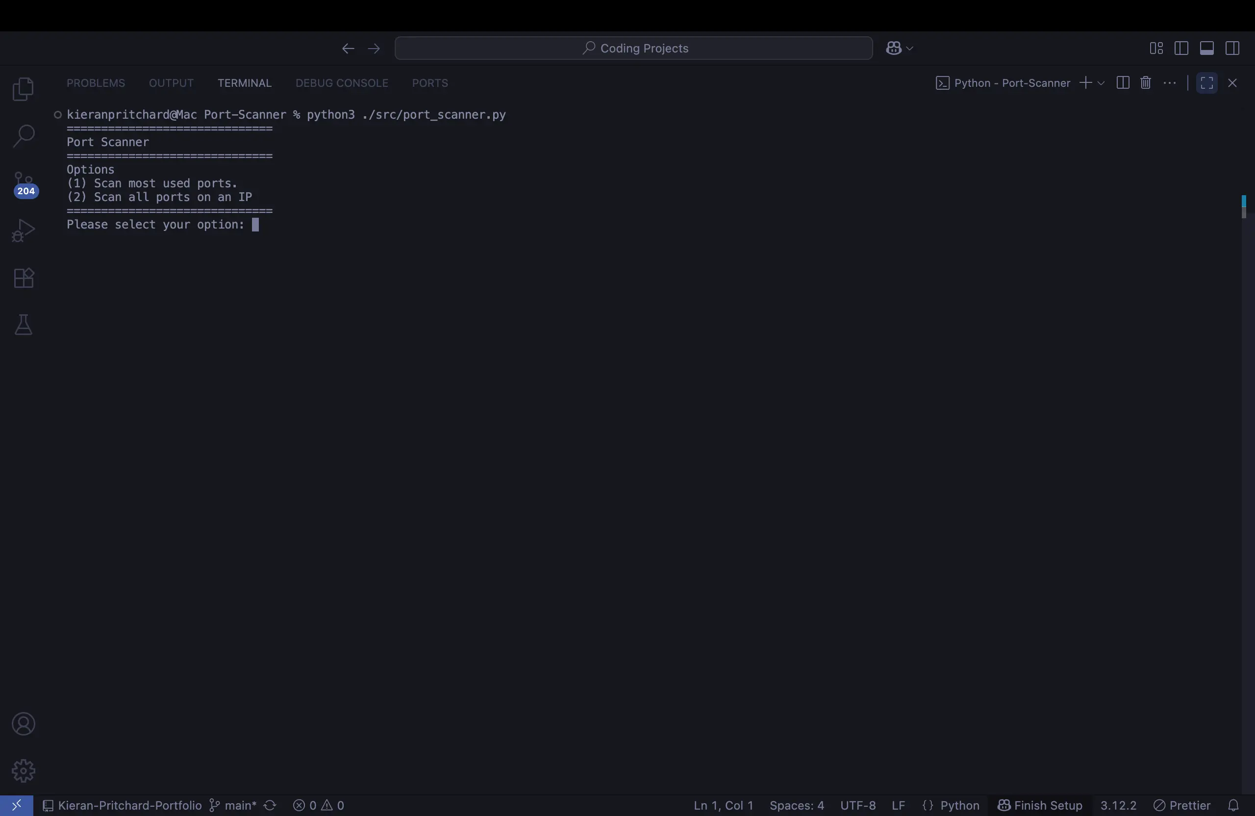 A dark-themed code editor displays a Python script for a port scanner. The terminal shows the program running, with a menu offering two options: 'Scan most used ports' and 'Scan all ports' on an IP. This image is a great representation of cybersecurity tools and network programming.