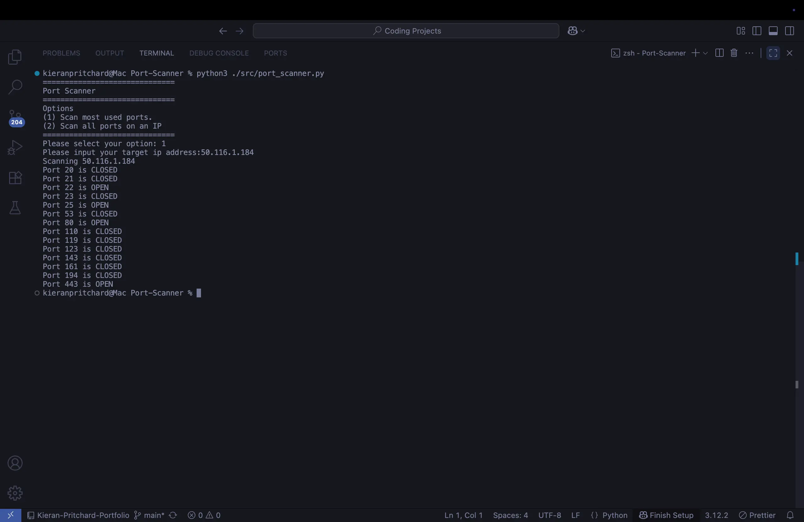 A screenshot of a terminal window shows the output of a Python port scanner program. The user has selected option '1' to scan the most common ports on an IP address. The program has successfully identified that ports 22, 25, 80, and 443 are open, while others like 20 and 21 are closed. This image is an excellent example of a successful port scan.