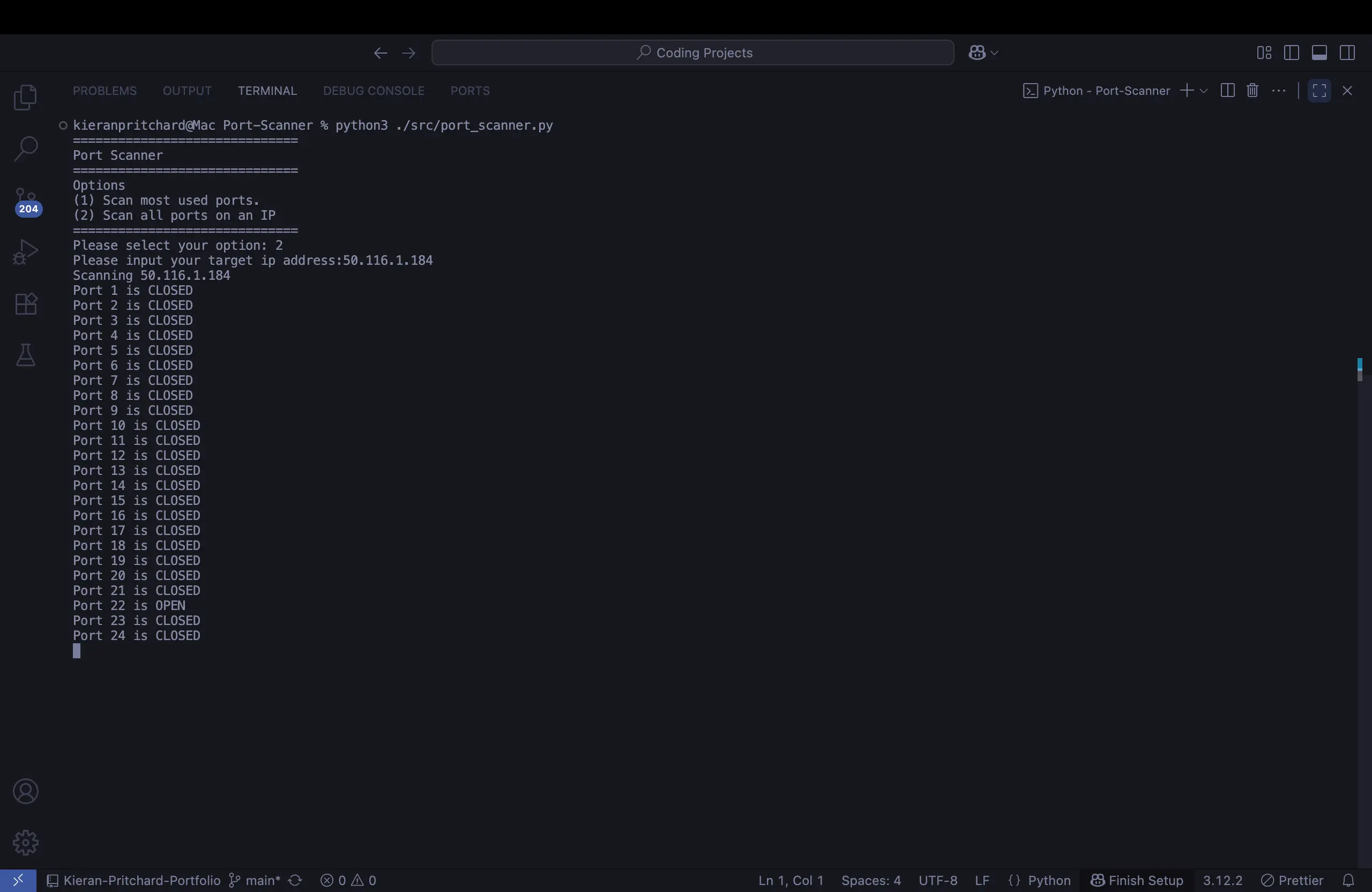  A screenshot of a terminal window shows the output of a Python port scanner. The user has selected option '2' to scan a range of ports on an IP address. The program is actively scanning and reporting the status of each port from 1 to 24. This image effectively illustrates a comprehensive port scan in action.