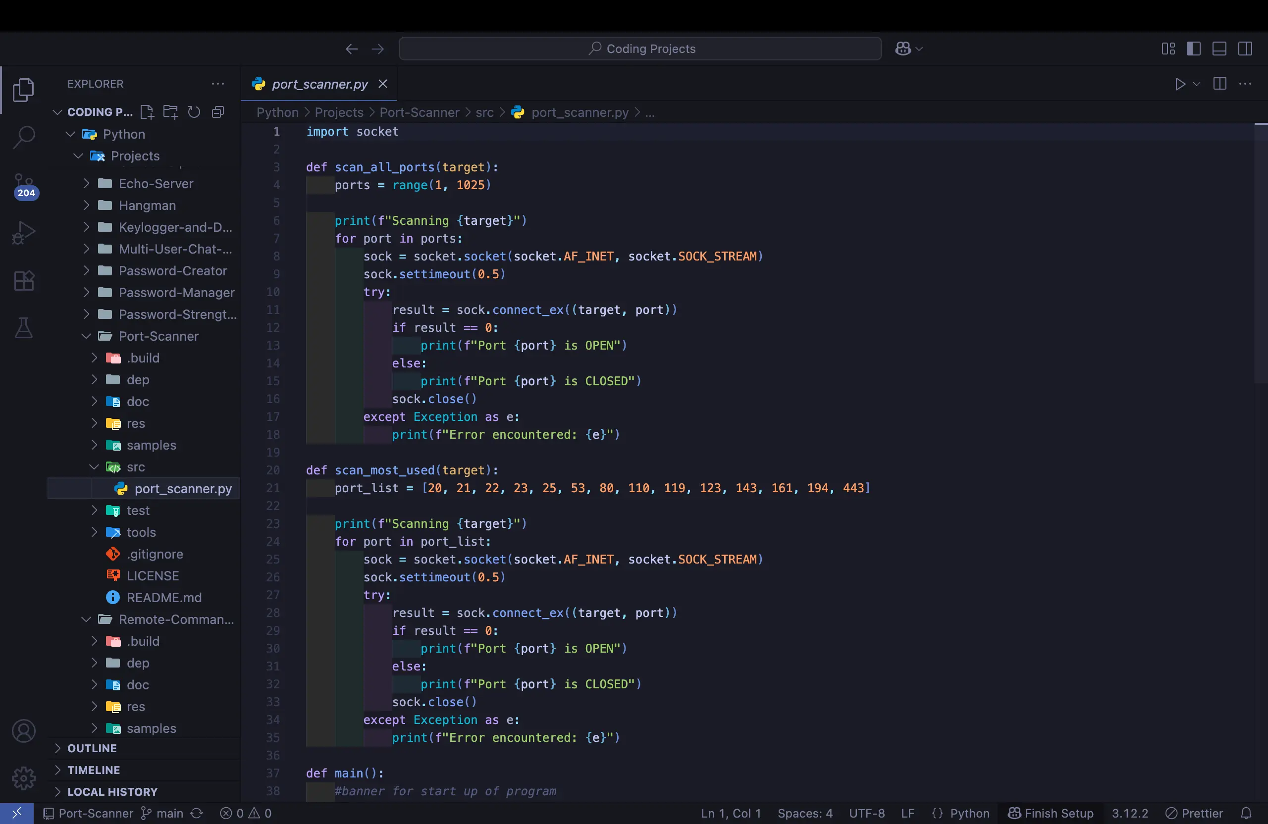 A close-up view of the Python code for a port scanner in a code editor. The script shows two functions, scan_all_ports and scan_most_used_ports, which use Python's socket library to connect to different ports and check their status. The code is well-structured and includes comments, making it easy to understand. This image is a valuable resource for anyone interested in network security, ethical hacking, or Python programming.