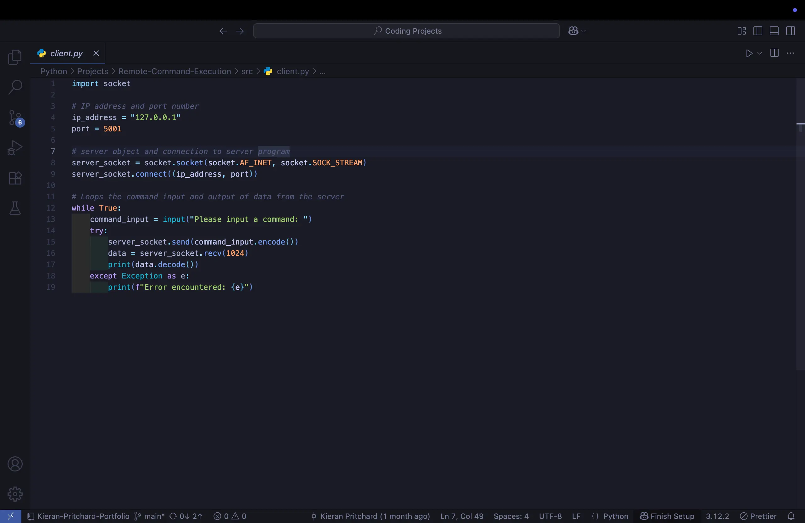 Alt text: A screenshot of a Visual Studio Code window displaying Python code for a client-side script. The code imports the socket library and sets up a connection to a server at 127.0.0.1 on port 5001. A while loop prompts the user to input a command, sends it to the server, and prints the returned data.